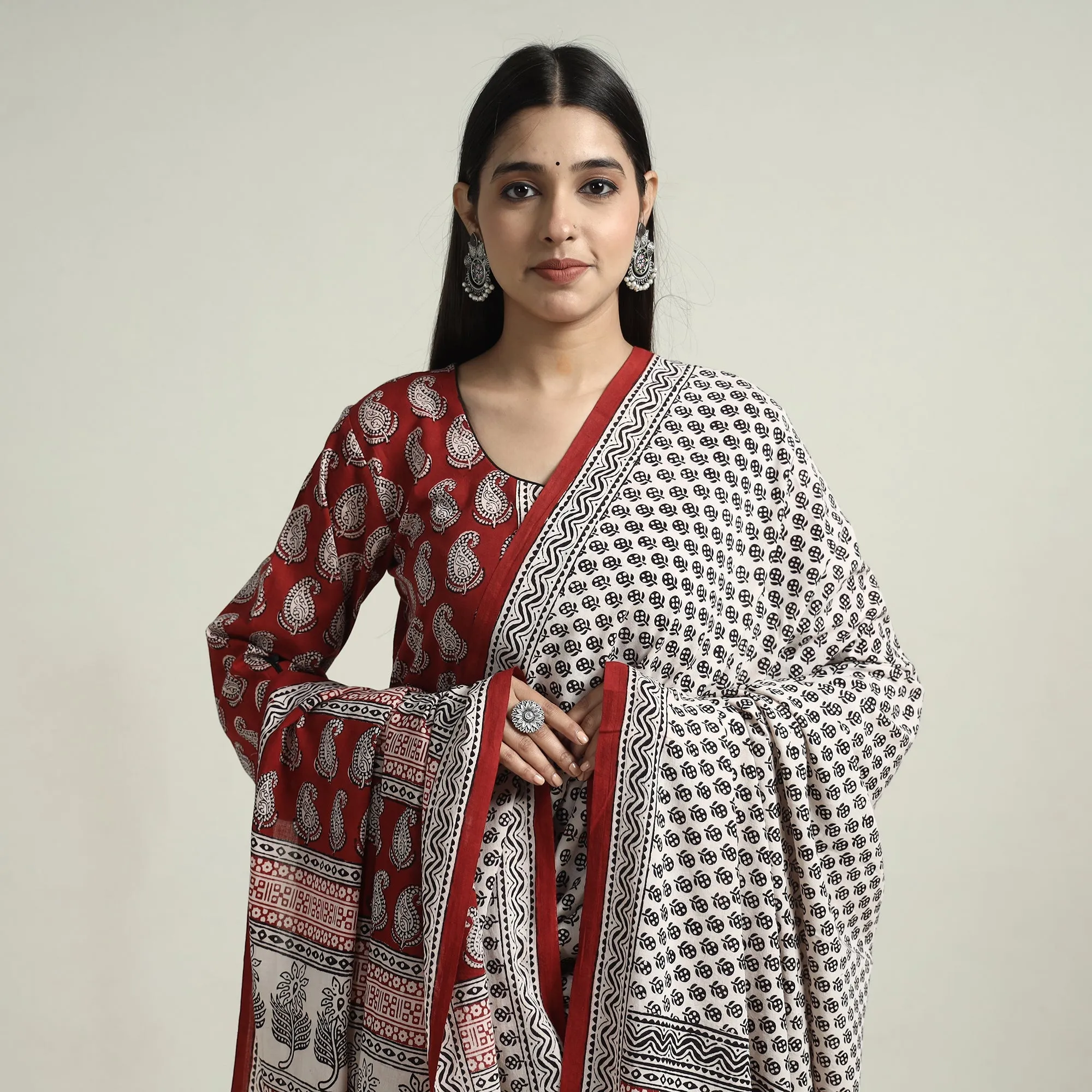 Red - Bagh Block Printed Cotton Kurta with Palazzo & Dupatta Set 05 sold by Itokri product image thumbnail 4