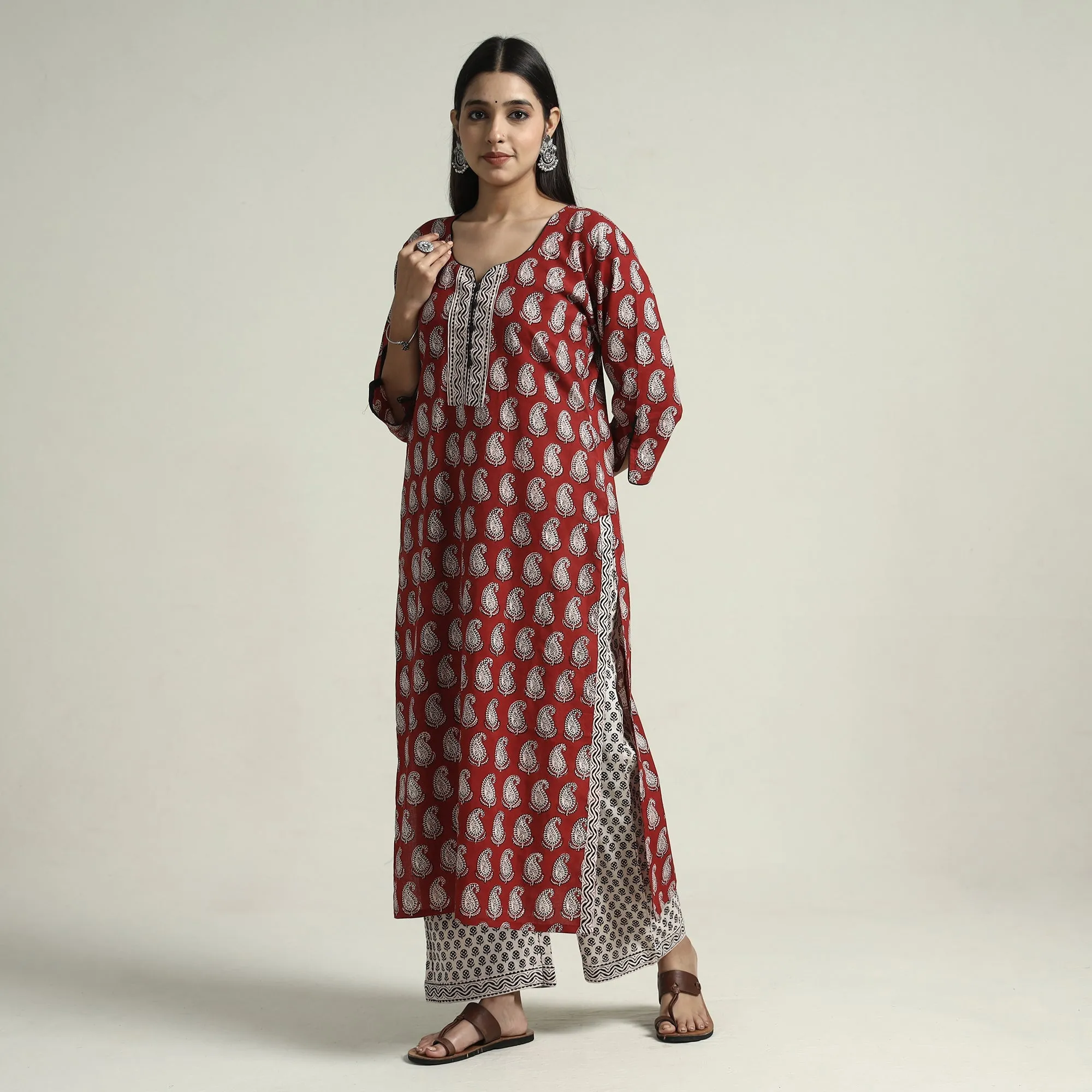 Red - Bagh Block Printed Cotton Kurta with Palazzo & Dupatta Set 05 sold by Itokri product image thumbnail 3