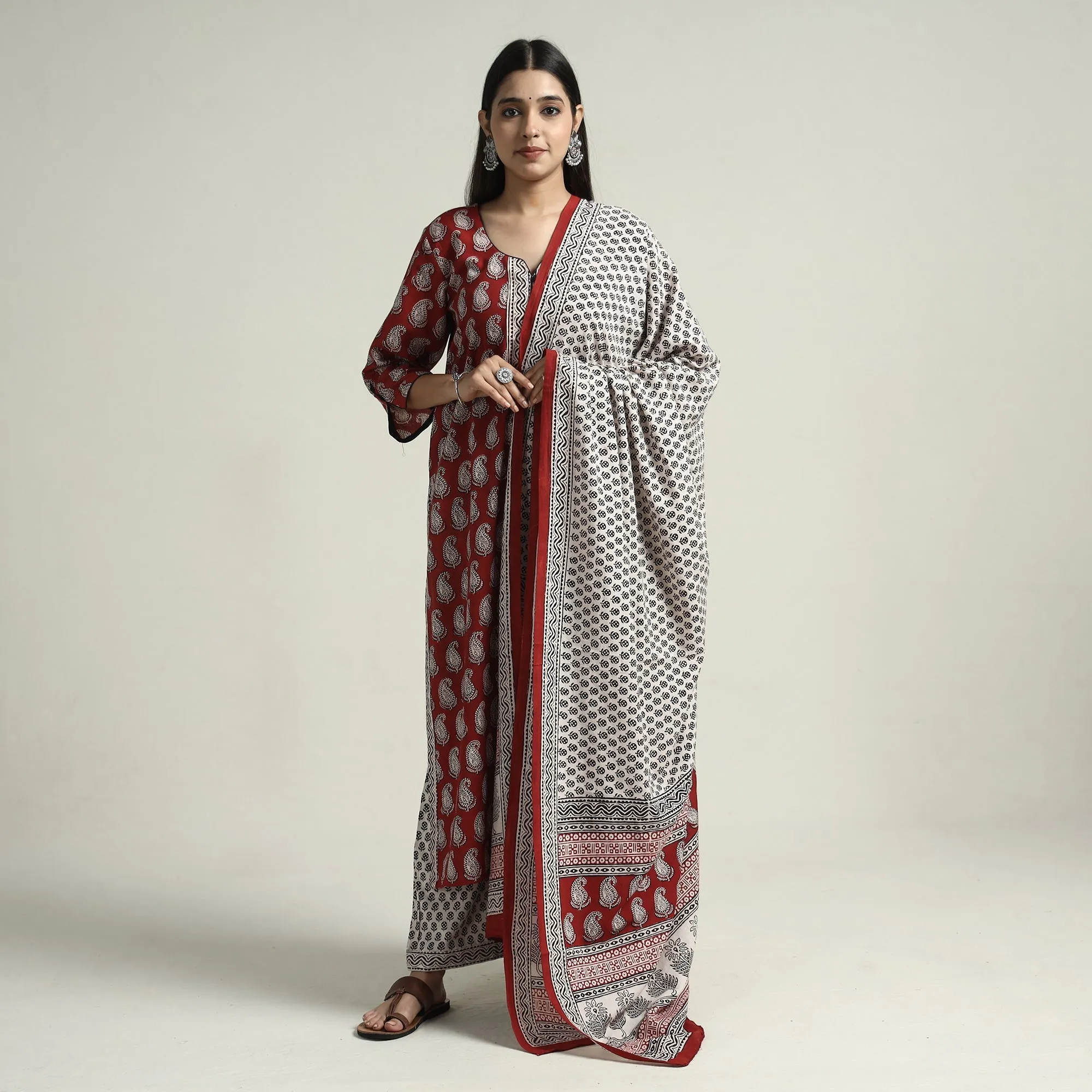 Red - Bagh Block Printed Cotton Kurta with Palazzo & Dupatta Set 05 sold by Itokri product image thumbnail 2