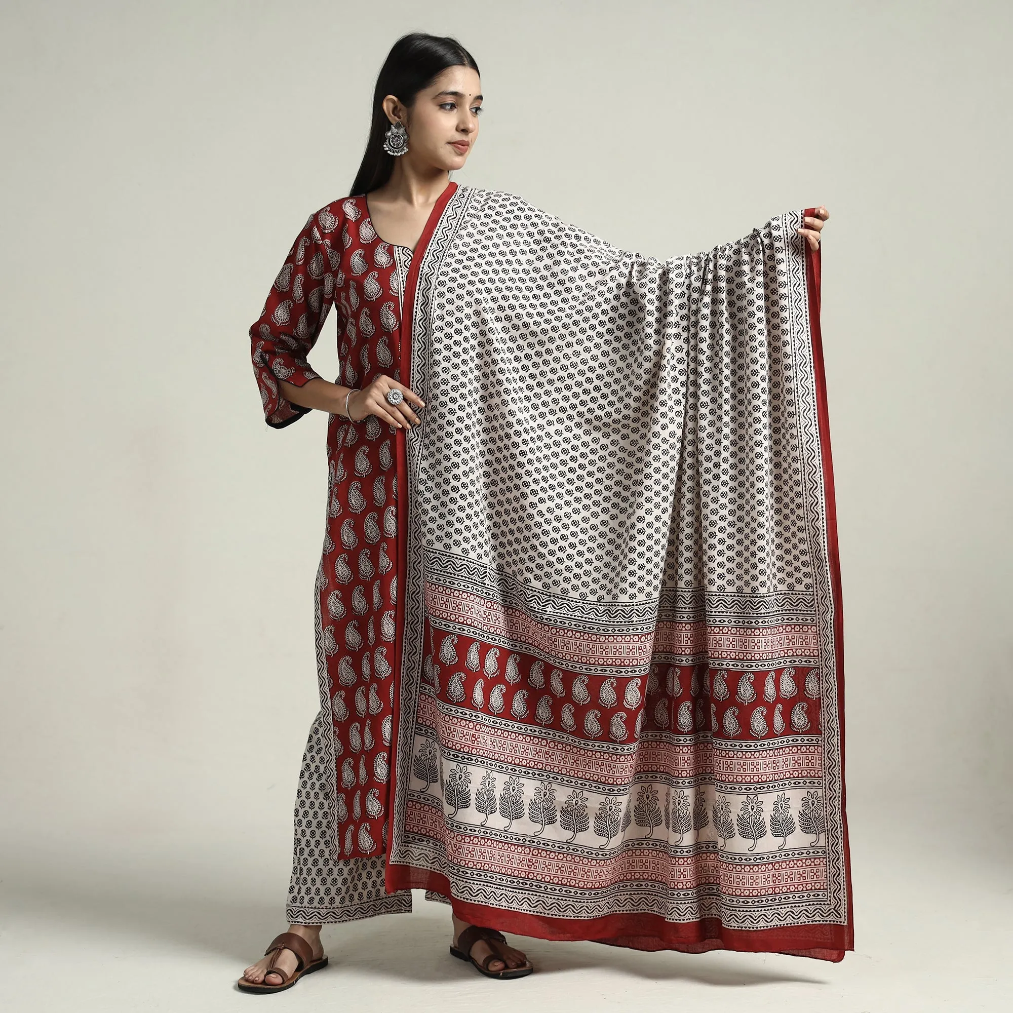 Red - Bagh Block Printed Cotton Kurta with Palazzo & Dupatta Set 05 sold by Itokri
