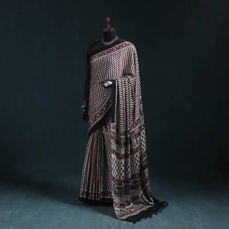 Natural Dyed Modal Silk Kutch Hand Block Print Ajrakh Saree 03 made by Itokri
