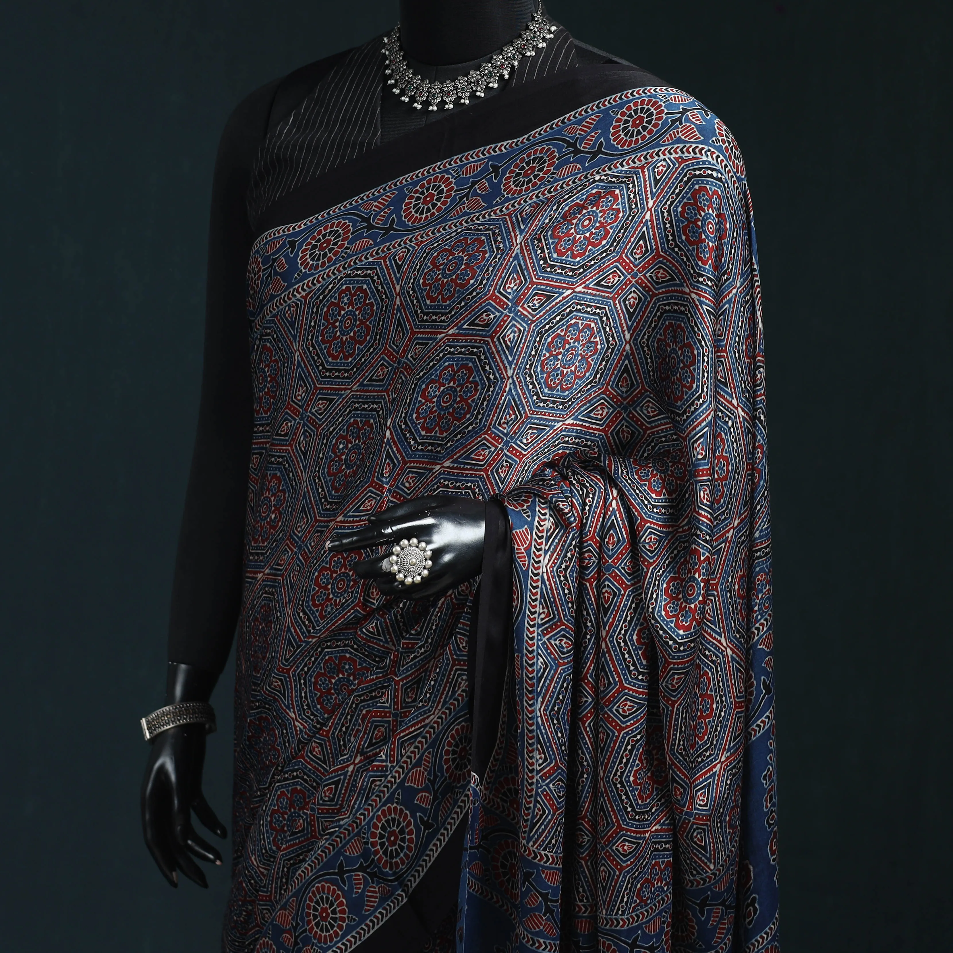 Blue - Natural Dyed Modal Silk Kutch Hand Block Print Ajrakh Saree 02 sold by Itokri product image thumbnail 2
