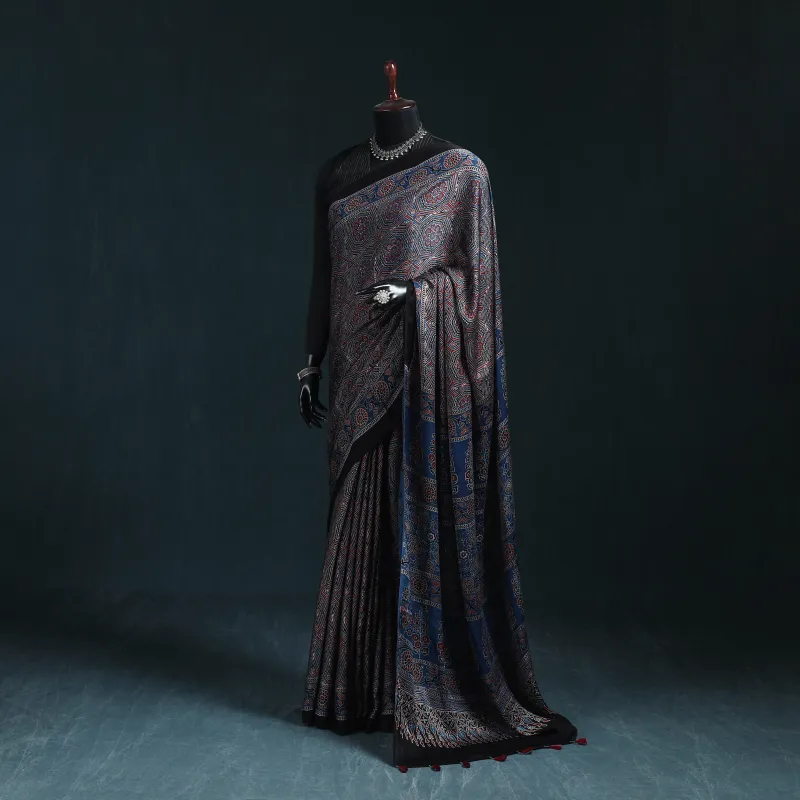 Blue - Natural Dyed Modal Silk Kutch Hand Block Print Ajrakh Saree 02 made by Itokri
