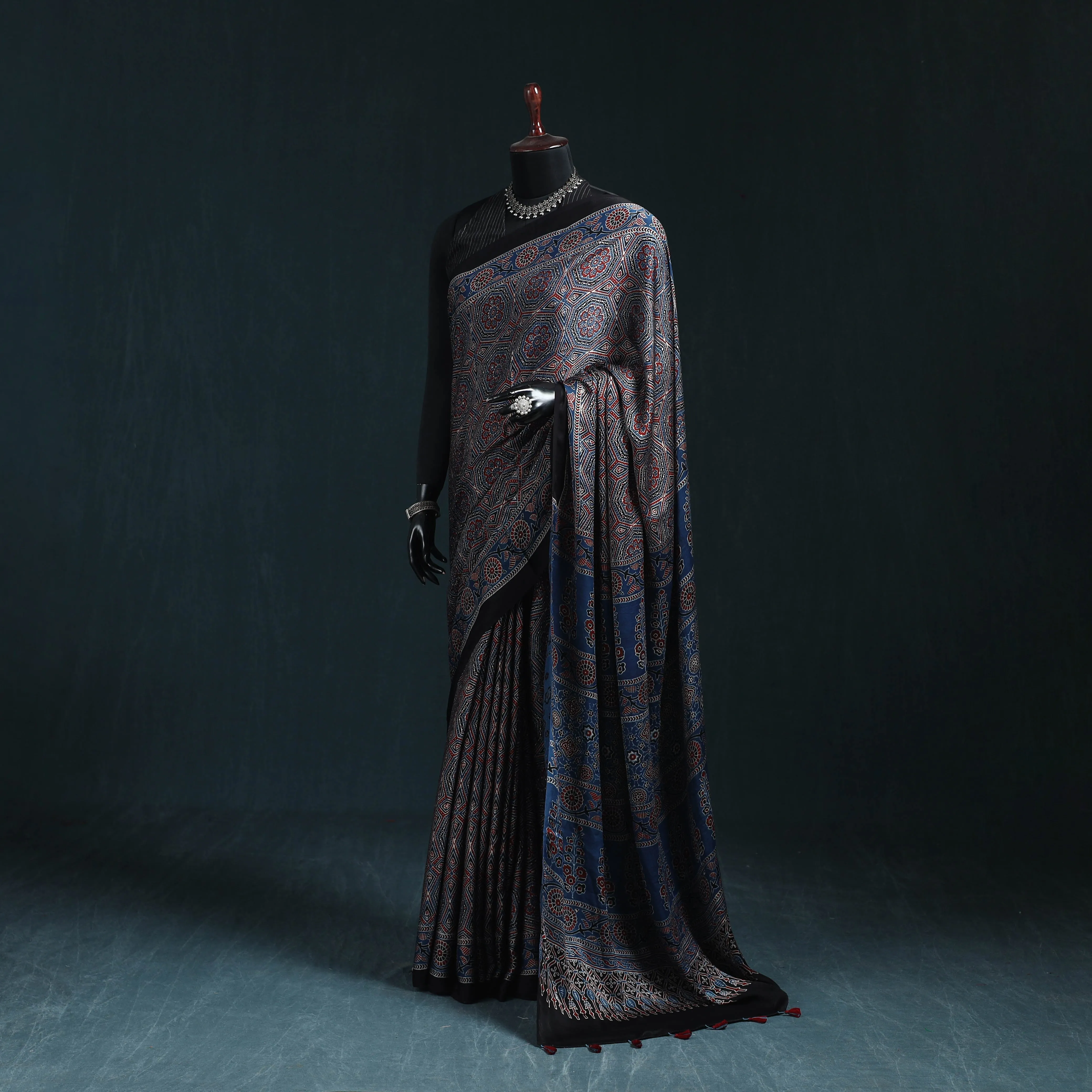 Blue - Natural Dyed Modal Silk Kutch Hand Block Print Ajrakh Saree 02 sold by Itokri