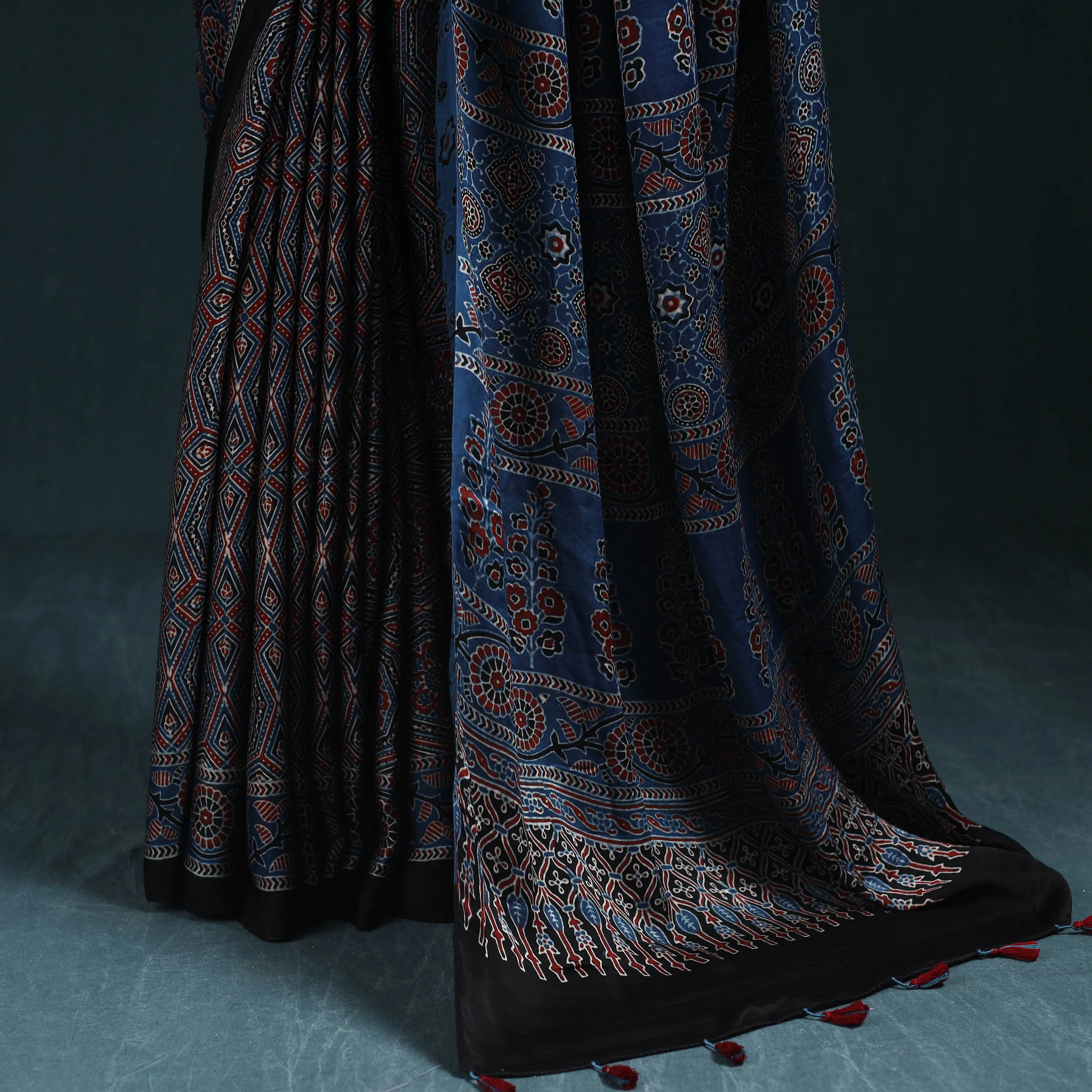 Blue - Natural Dyed Modal Silk Kutch Hand Block Print Ajrakh Saree 02 sold by Itokri product image thumbnail 4