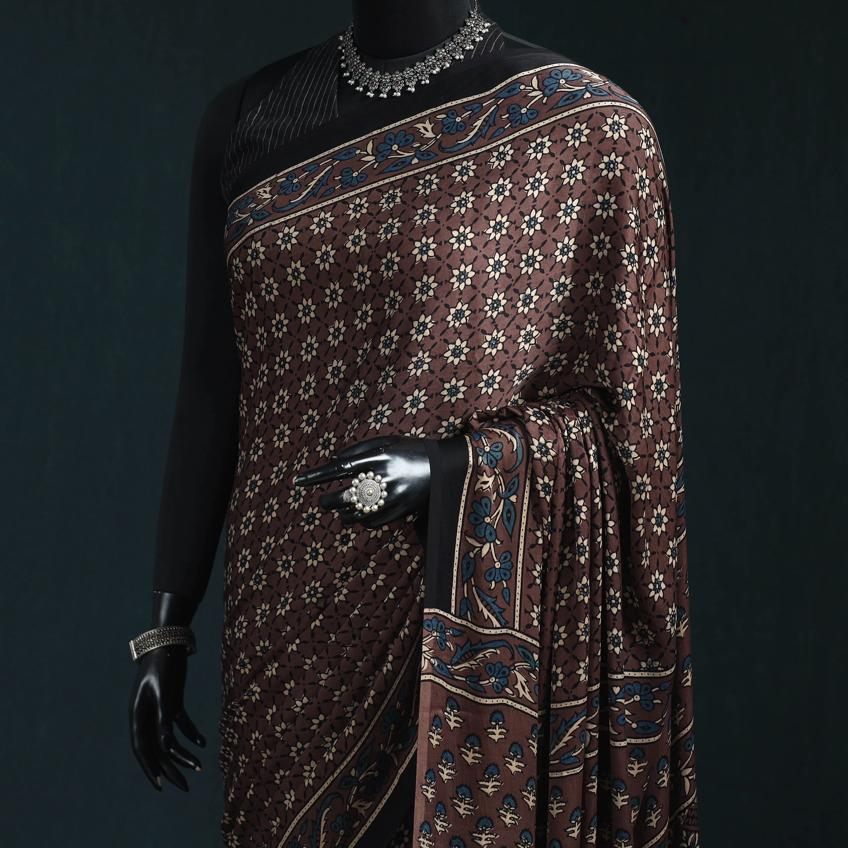 Brown - Natural Dyed Modal Silk Kutch Hand Block Print Ajrakh Saree 01 sold by Itokri product image thumbnail 2