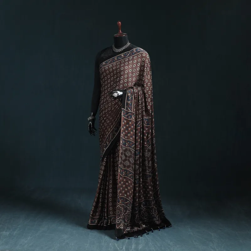 Natural Dyed Modal Silk Kutch Hand Block Print Ajrakh Saree 01 made by Itokri
