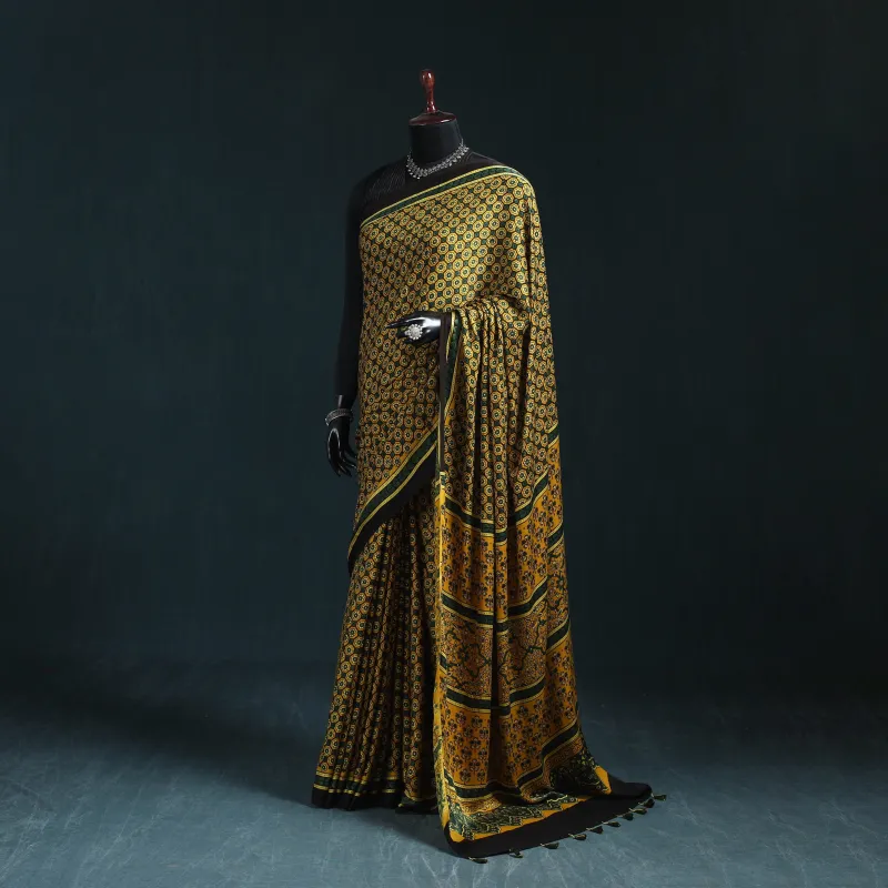 Yellow - Natural Dyed Modal Silk Kutch Hand Block Print Ajrakh Saree 07 made by Itokri
