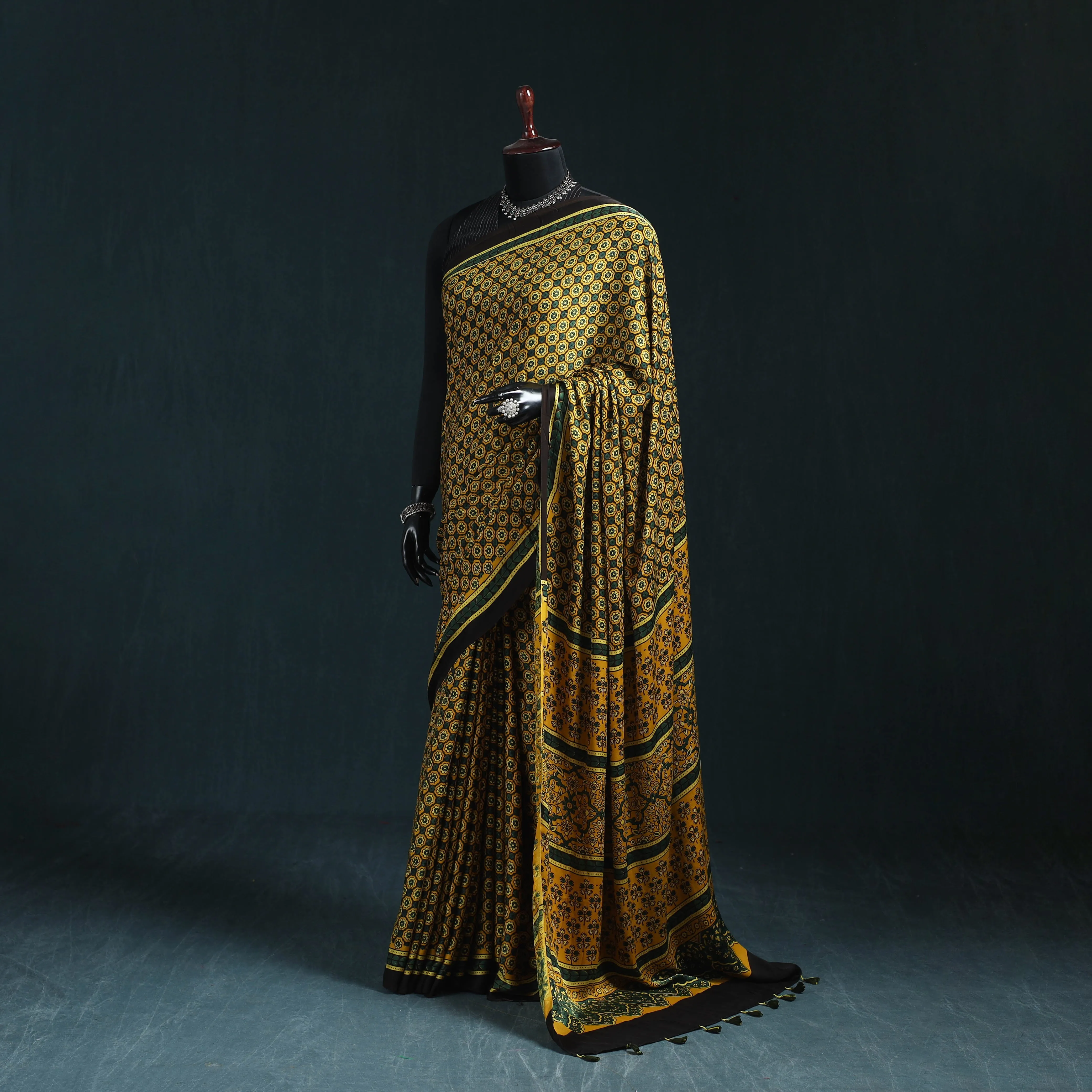 Yellow - Natural Dyed Modal Silk Kutch Hand Block Print Ajrakh Saree 07 sold by Itokri