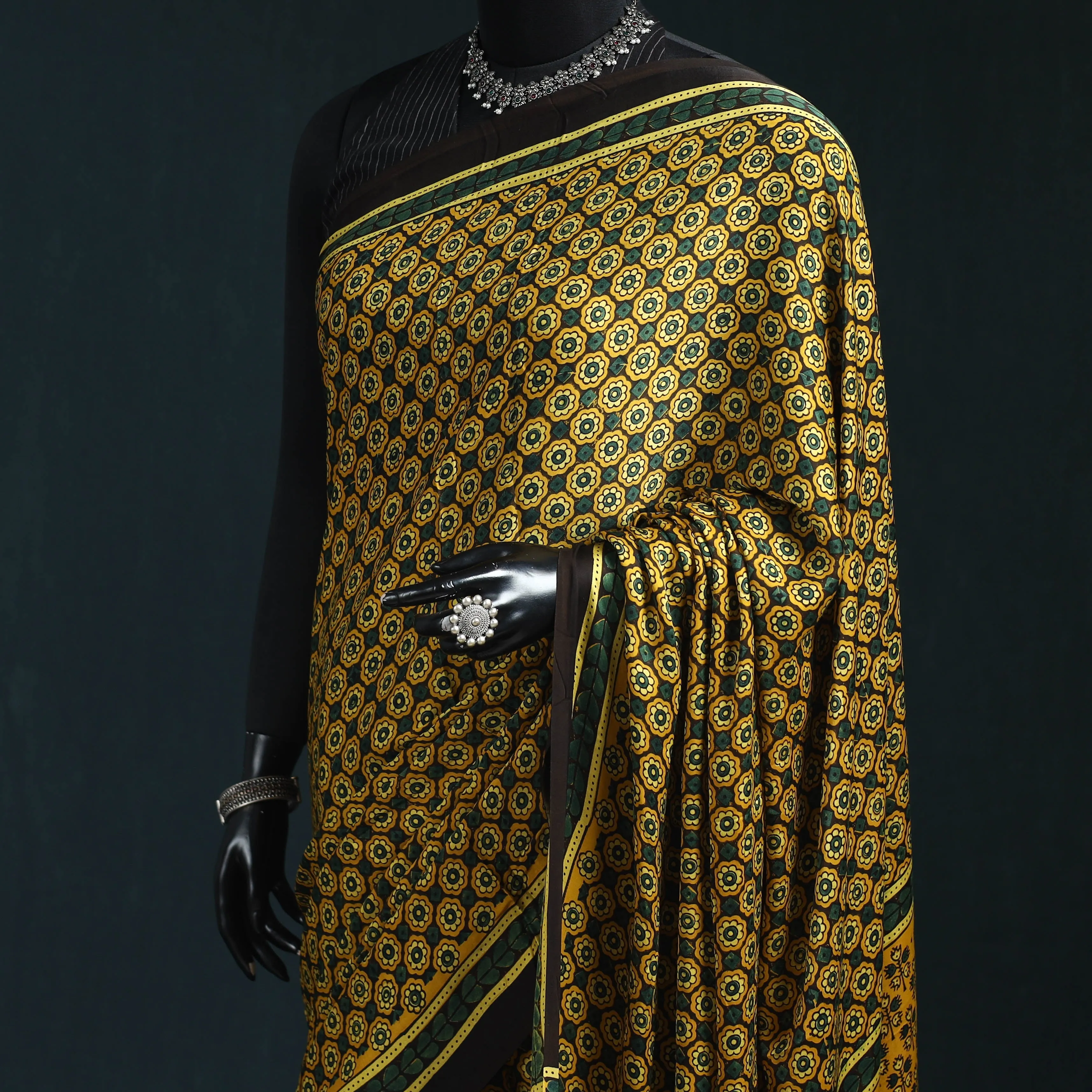 Yellow - Natural Dyed Modal Silk Kutch Hand Block Print Ajrakh Saree 07 sold by Itokri product image thumbnail 2