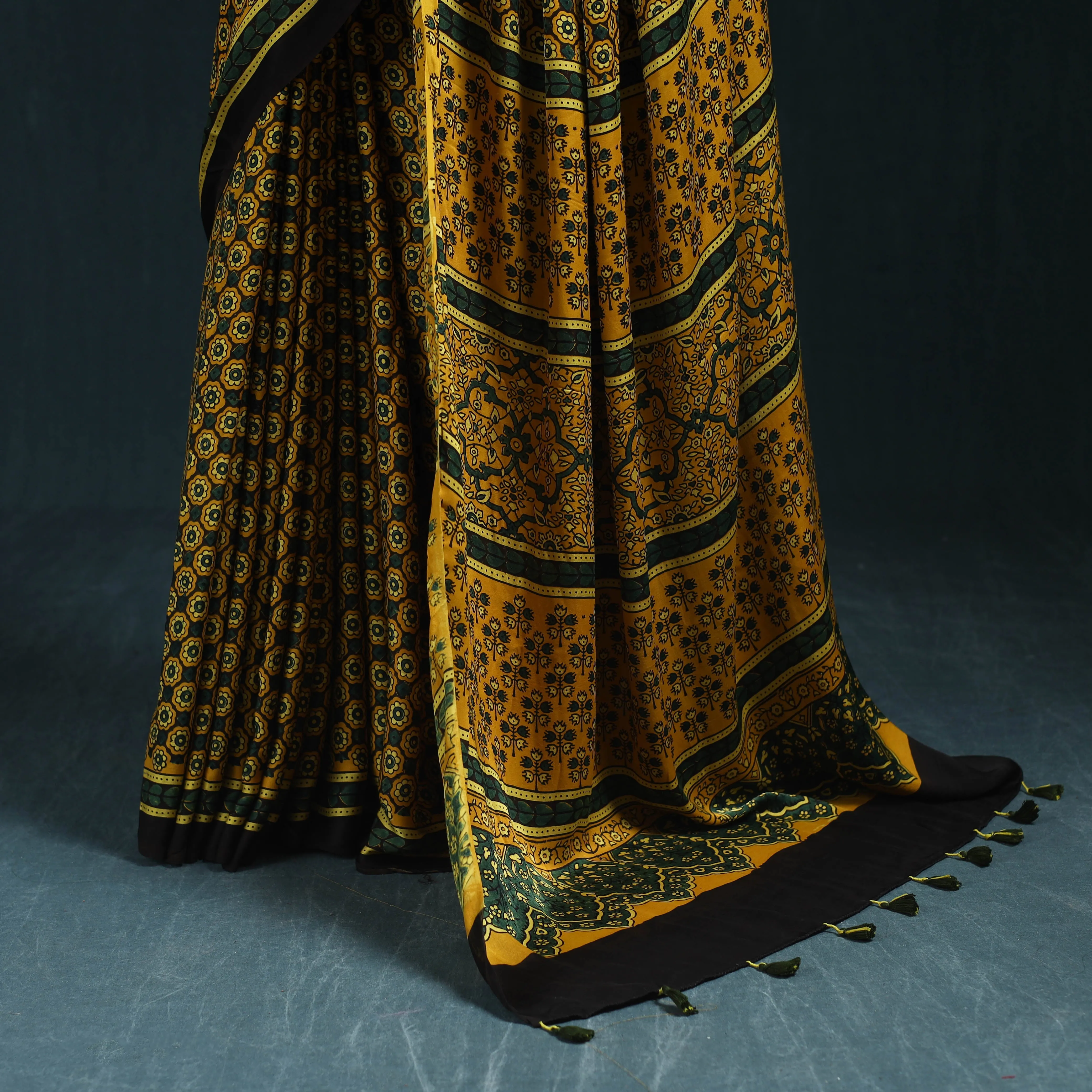 Yellow - Natural Dyed Modal Silk Kutch Hand Block Print Ajrakh Saree 07 sold by Itokri product image thumbnail 4