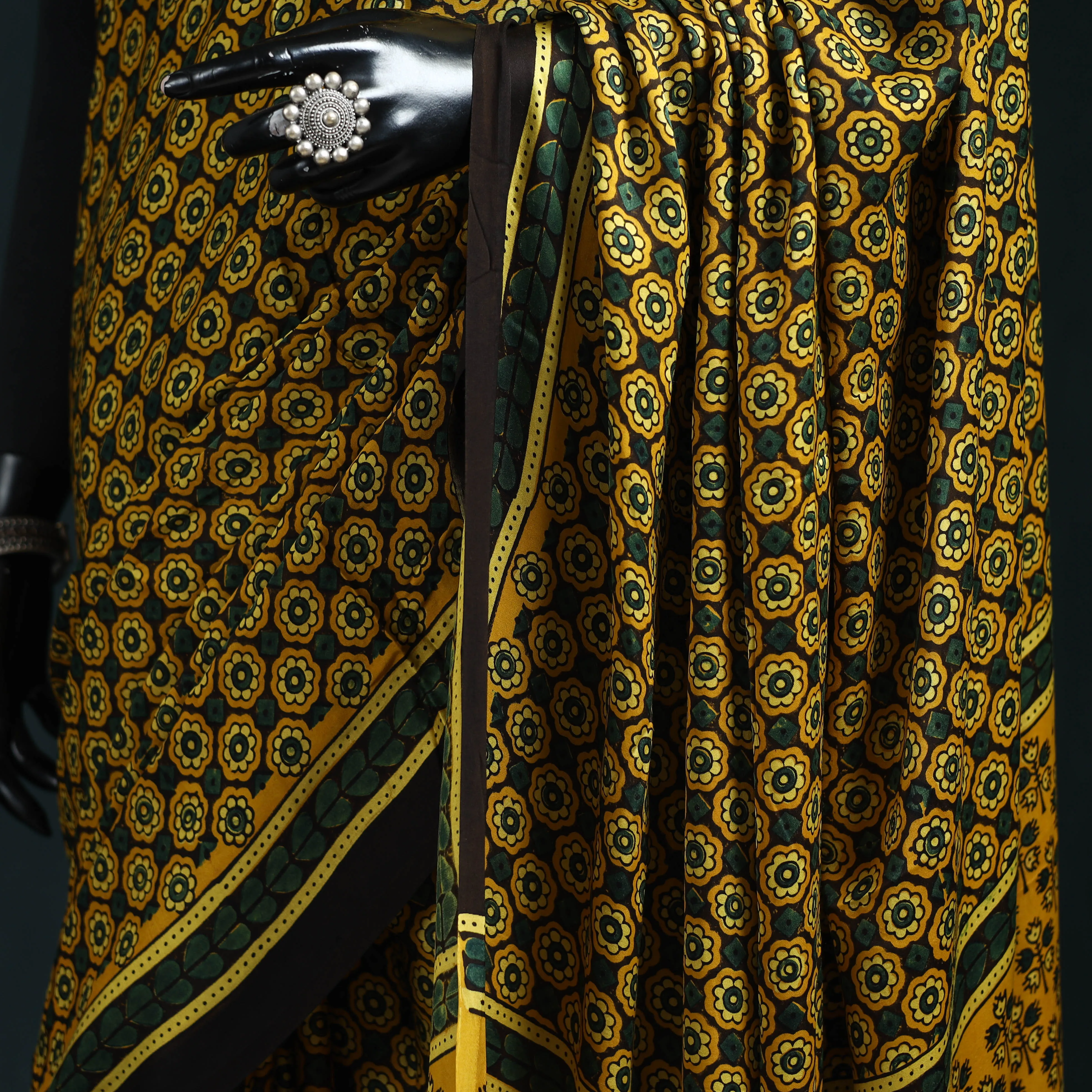 Yellow - Natural Dyed Modal Silk Kutch Hand Block Print Ajrakh Saree 07 sold by Itokri product image thumbnail 3