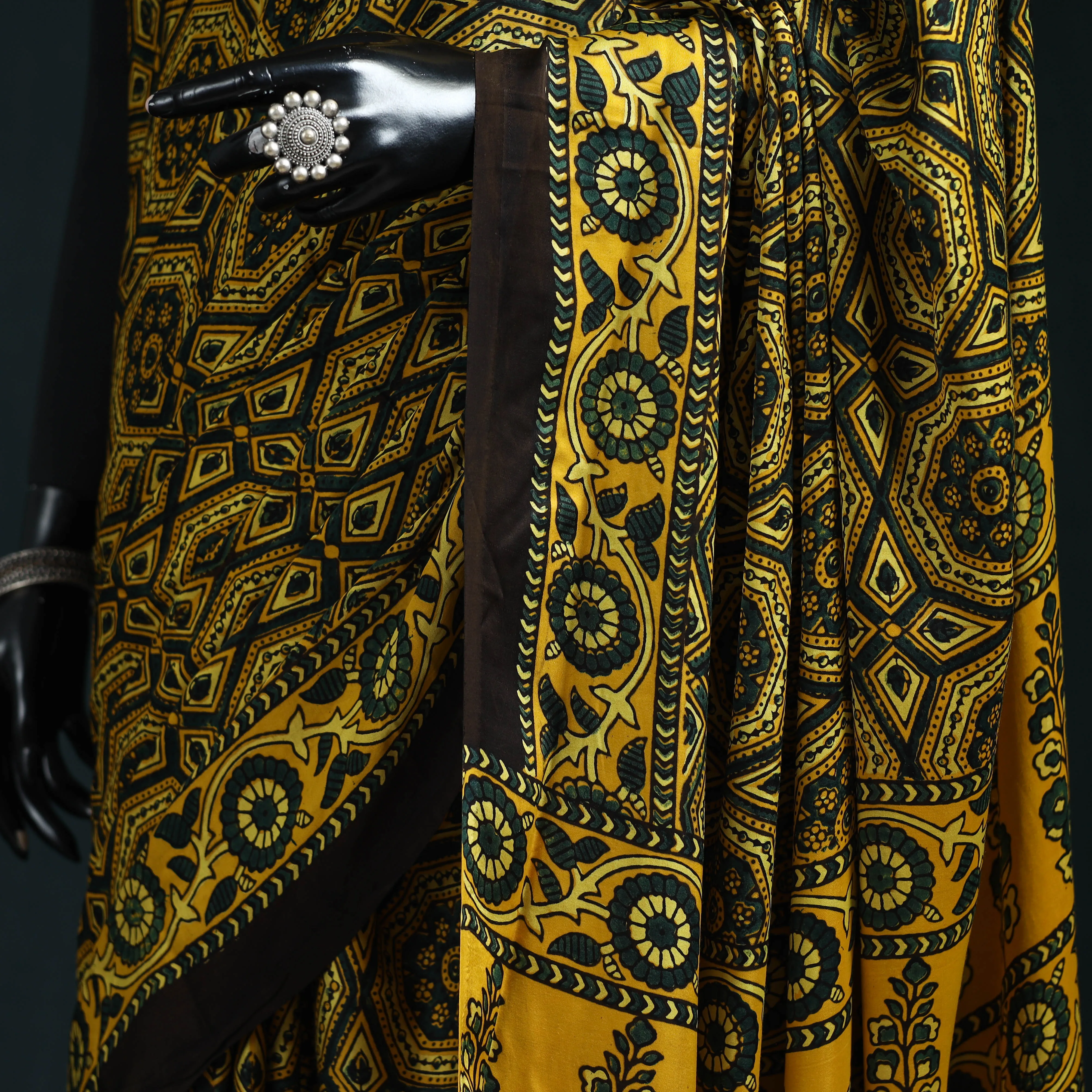 Yellow - Natural Dyed Modal Silk Kutch Hand Block Print Ajrakh Saree 06 sold by Itokri product image thumbnail 3