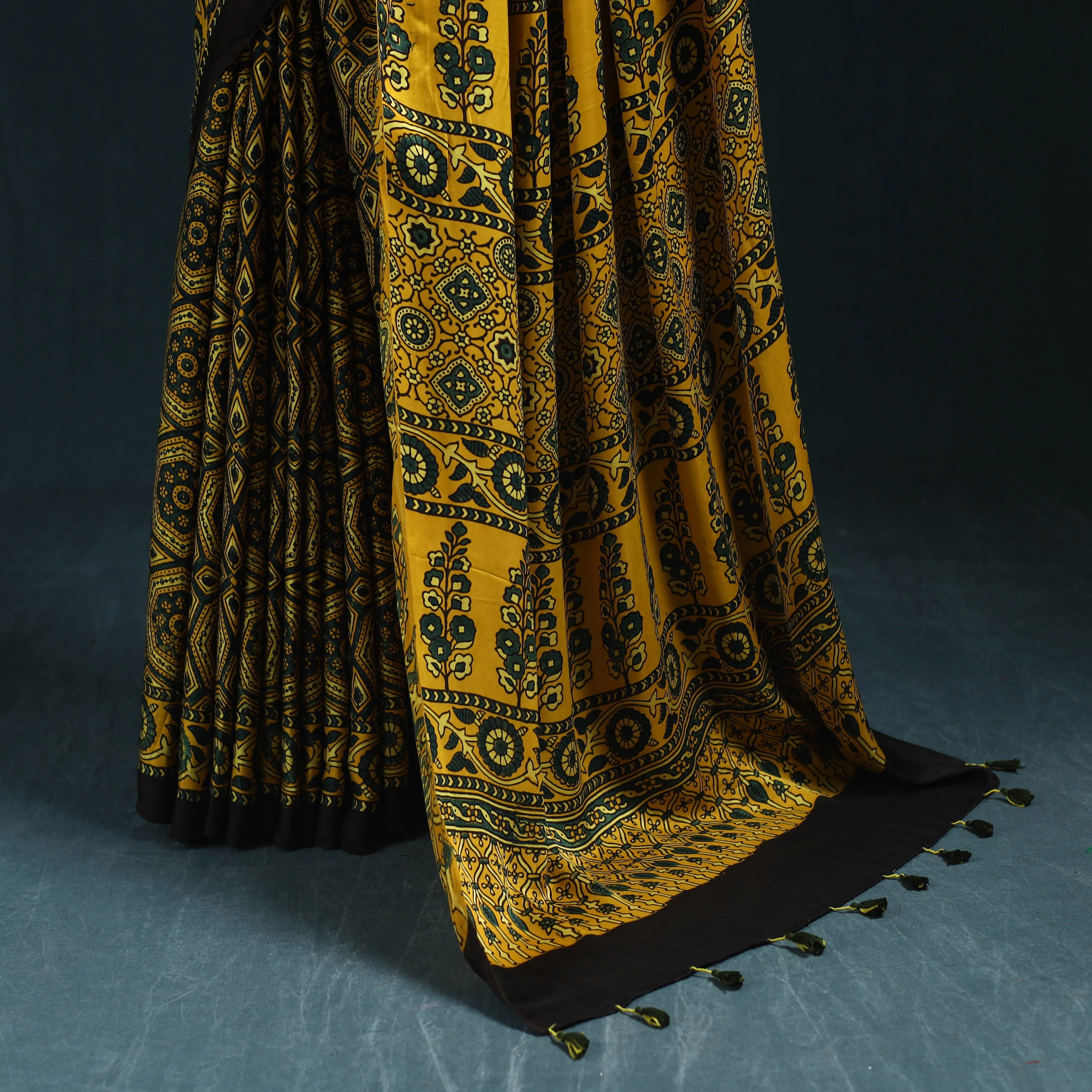 Yellow - Natural Dyed Modal Silk Kutch Hand Block Print Ajrakh Saree 06 sold by Itokri product image thumbnail 4