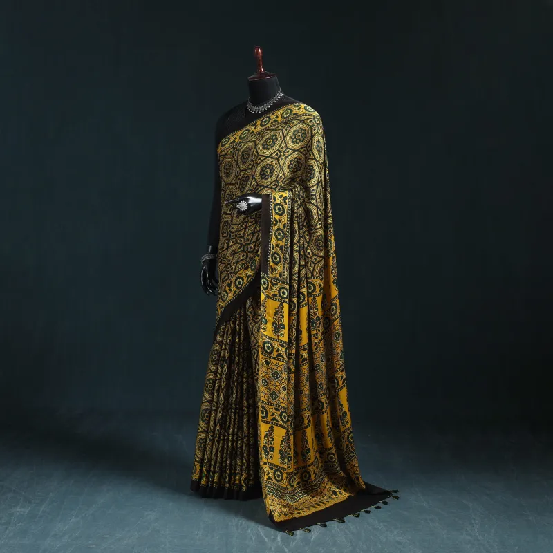 Natural Dyed Modal Silk Kutch Hand Block Print Ajrakh Saree 06 made by Itokri