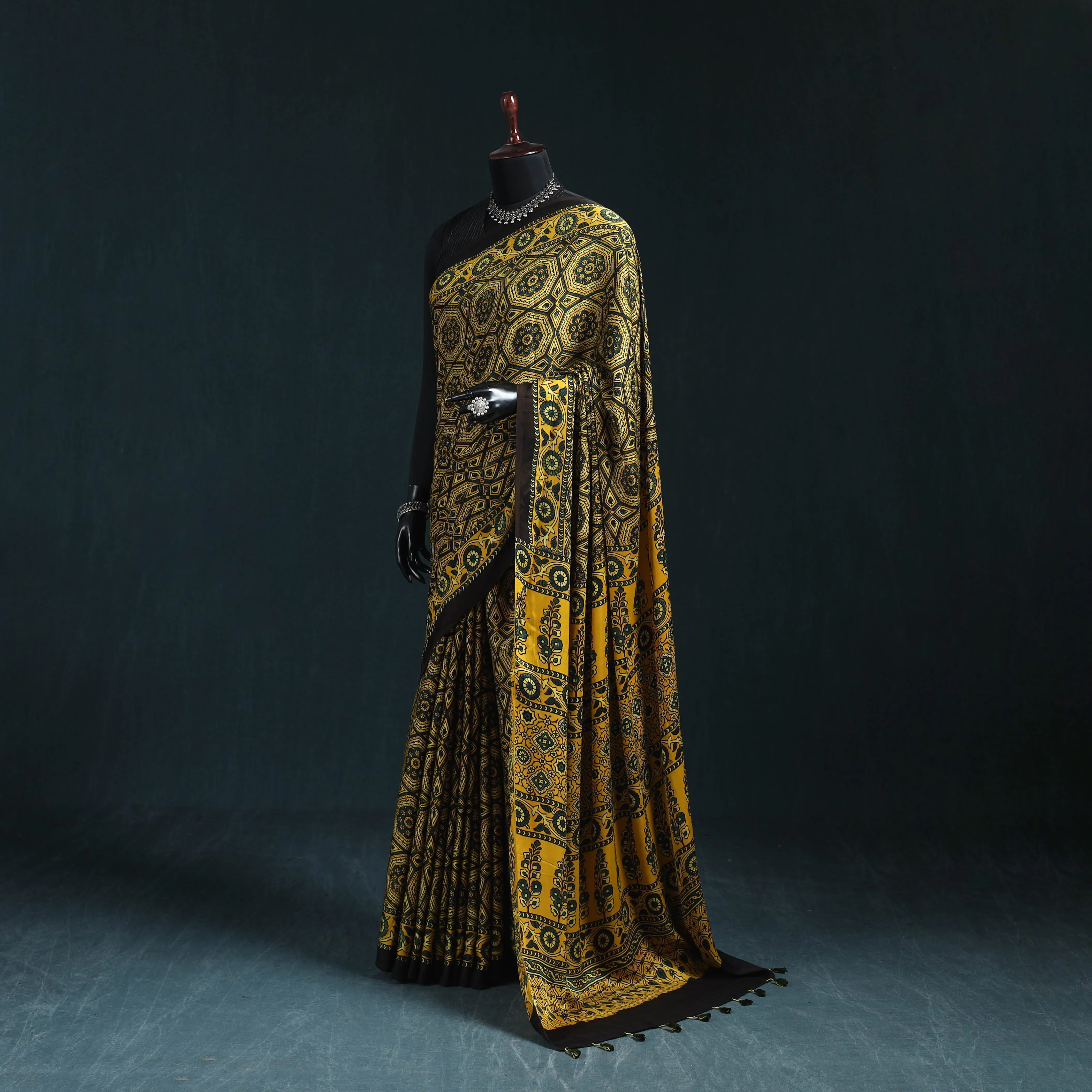 Yellow - Natural Dyed Modal Silk Kutch Hand Block Print Ajrakh Saree 06 sold by Itokri