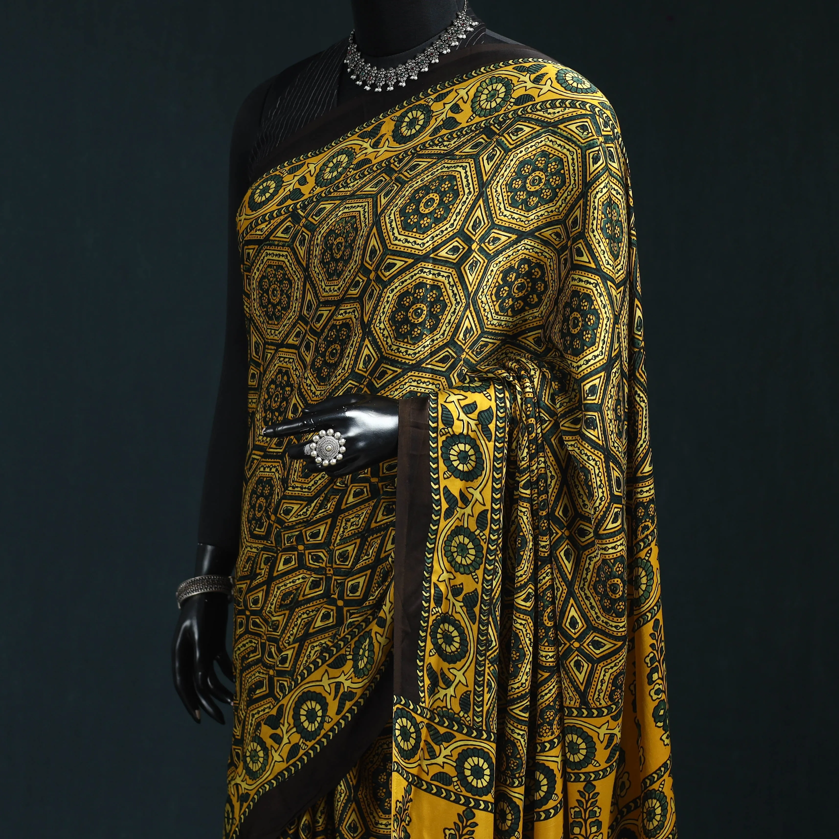 Yellow - Natural Dyed Modal Silk Kutch Hand Block Print Ajrakh Saree 06 sold by Itokri product image thumbnail 2