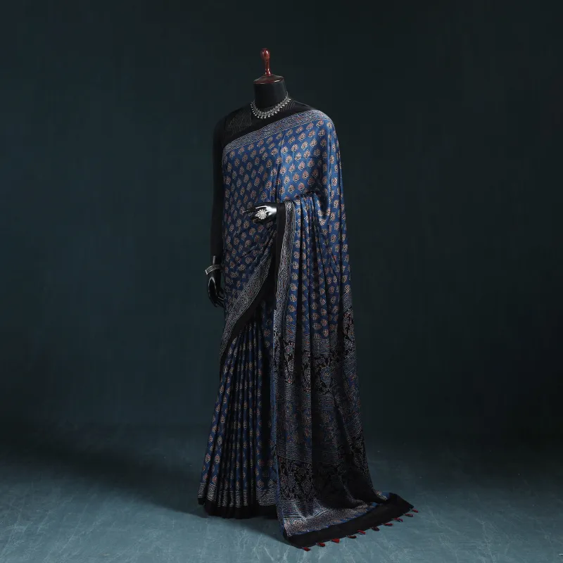 Blue - Natural Dyed Modal Silk Kutch Hand Block Print Ajrakh Saree 04 made by Itokri