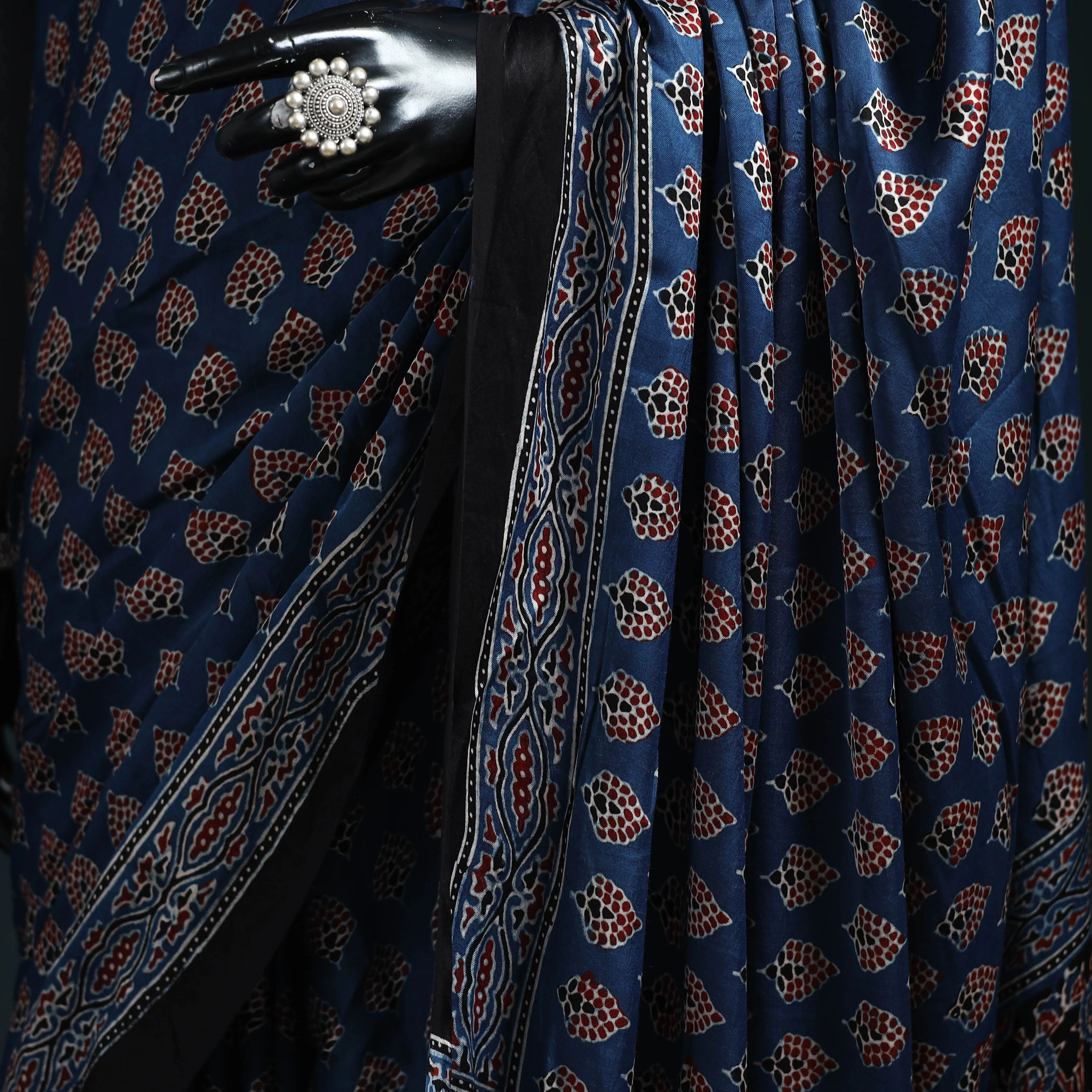 Blue - Natural Dyed Modal Silk Kutch Hand Block Print Ajrakh Saree 04 sold by Itokri product image thumbnail 3