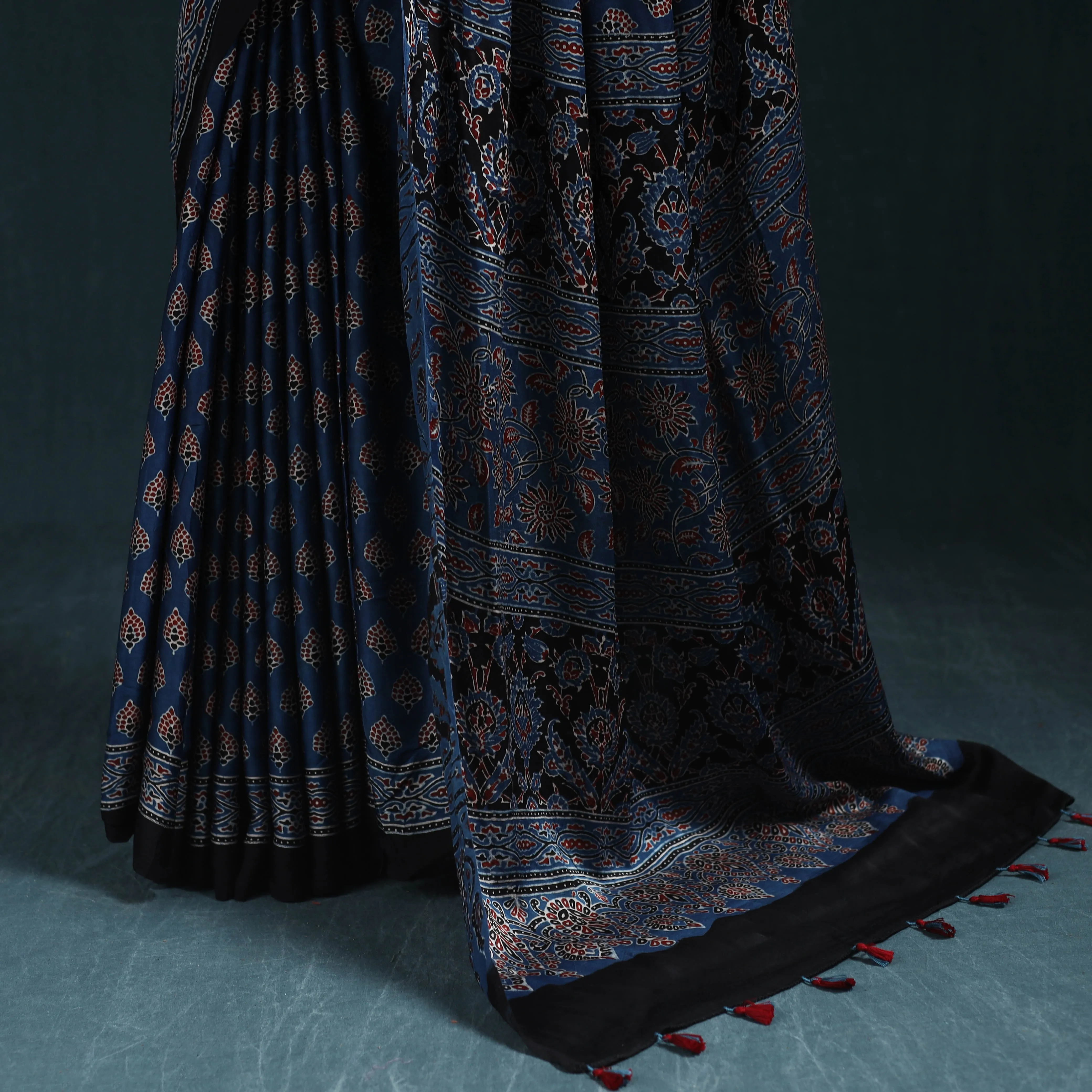 Blue - Natural Dyed Modal Silk Kutch Hand Block Print Ajrakh Saree 04 sold by Itokri product image thumbnail 4