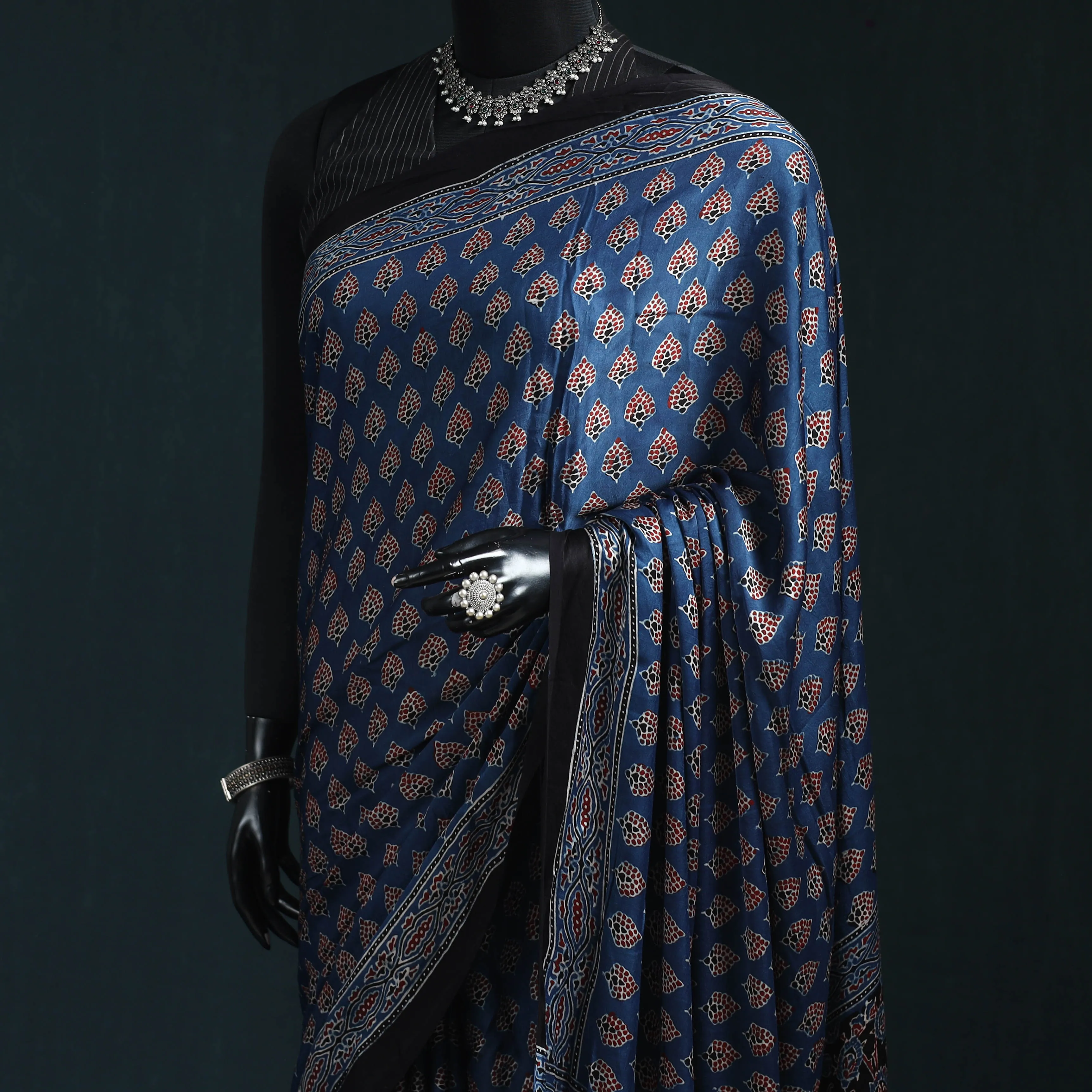 Blue - Natural Dyed Modal Silk Kutch Hand Block Print Ajrakh Saree 04 sold by Itokri product image thumbnail 2
