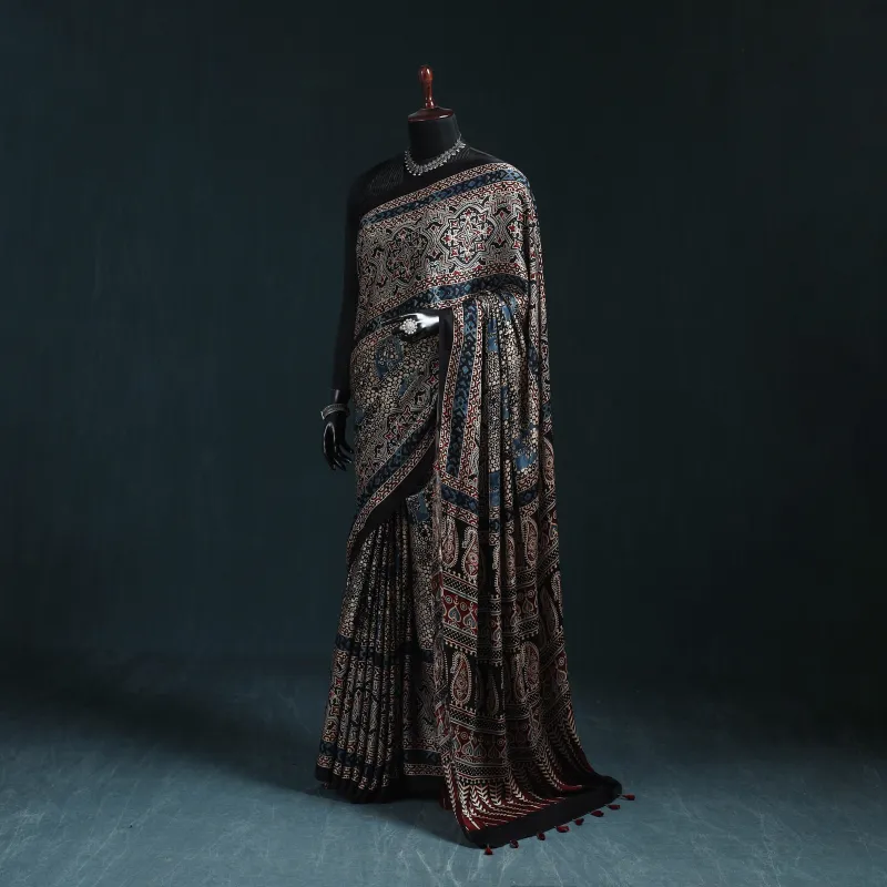 Black - Natural Dyed Modal Silk Kutch Hand Block Print Ajrakh Saree 11 made by Itokri