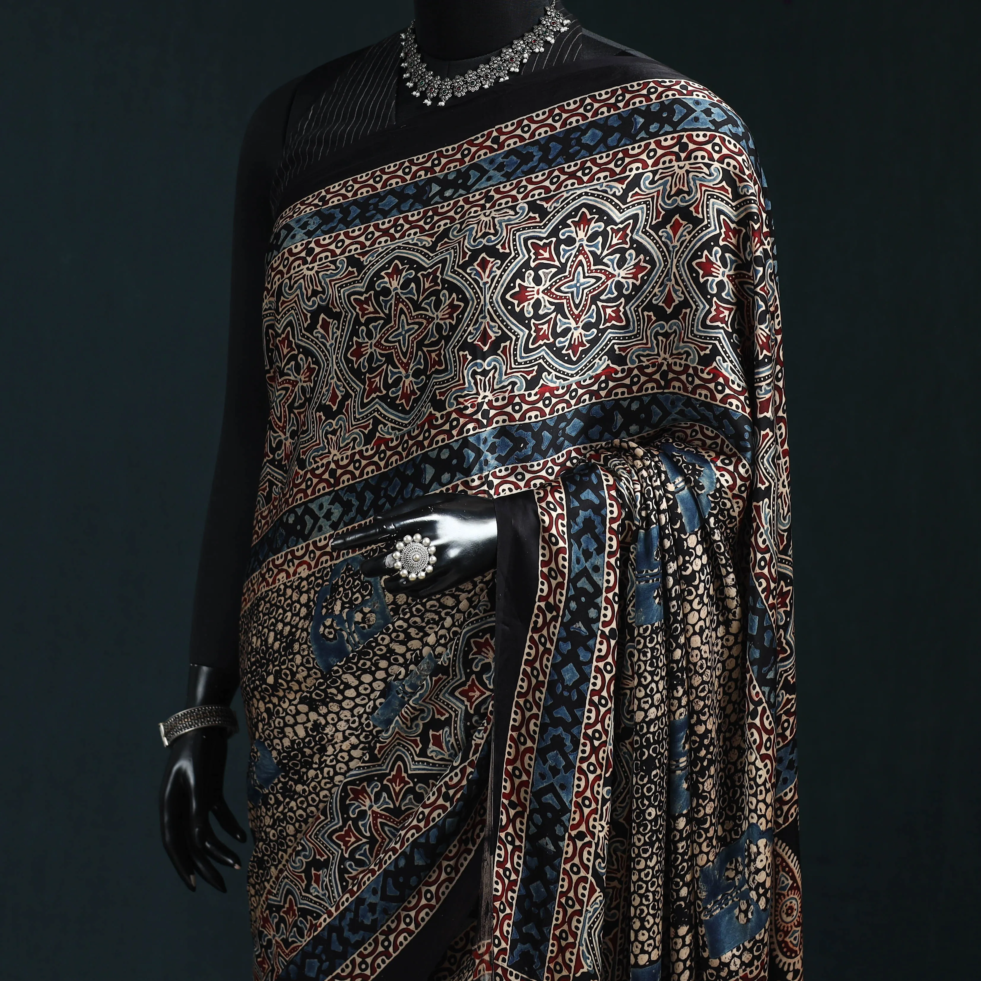 Black - Natural Dyed Modal Silk Kutch Hand Block Print Ajrakh Saree 11 sold by Itokri product image thumbnail 2