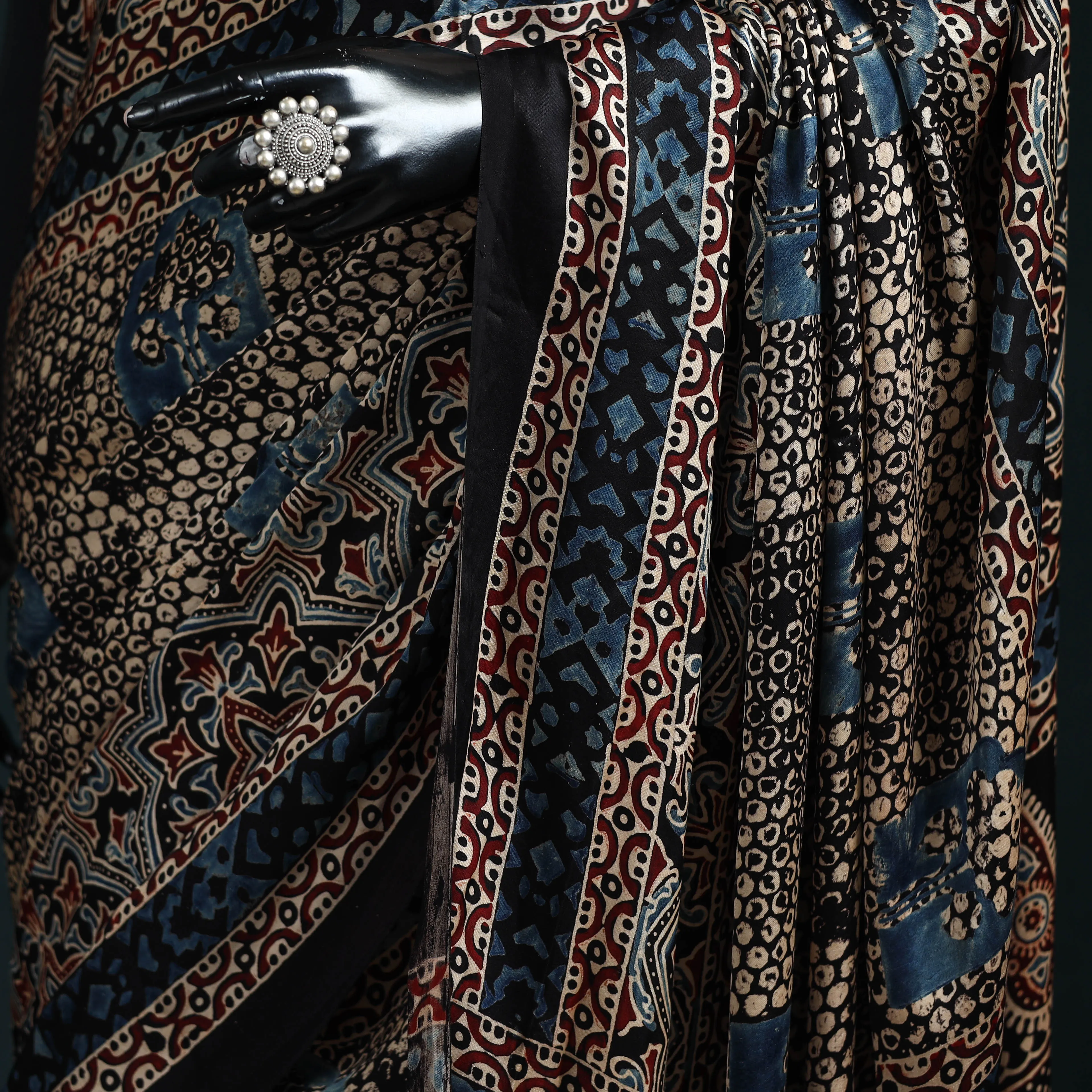 Black - Natural Dyed Modal Silk Kutch Hand Block Print Ajrakh Saree 11 sold by Itokri product image thumbnail 4