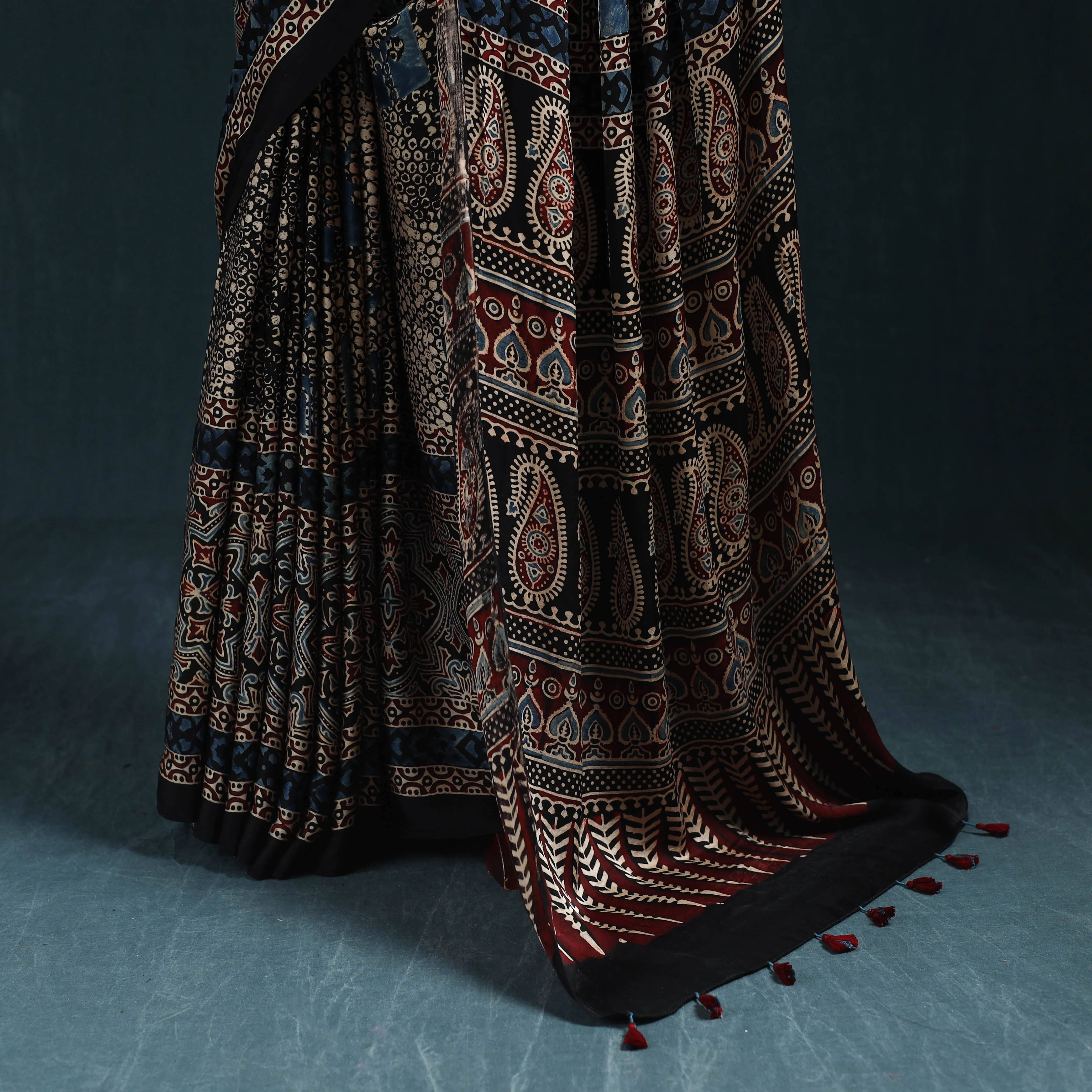 Black - Natural Dyed Modal Silk Kutch Hand Block Print Ajrakh Saree 11 sold by Itokri product image thumbnail 3