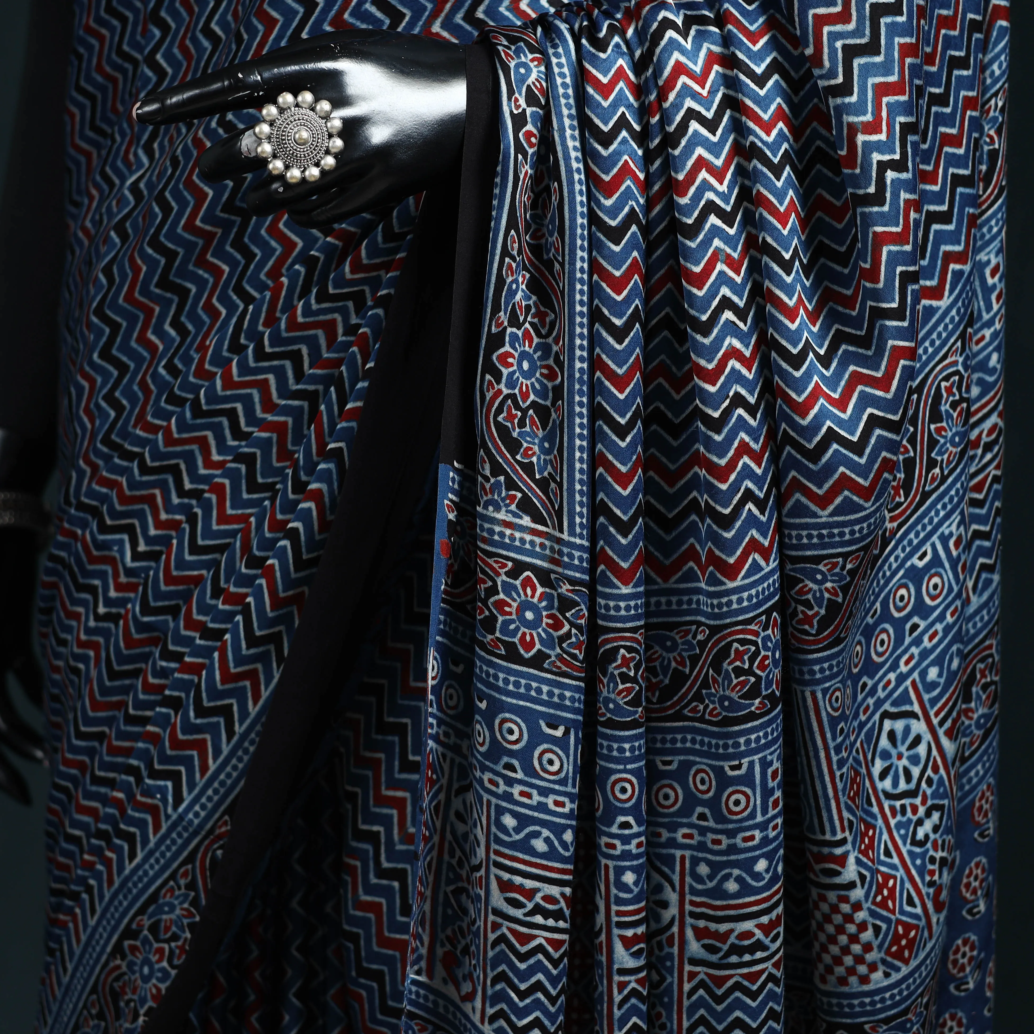Blue - Natural Dyed Modal Silk Kutch Hand Block Print Ajrakh Saree 10 sold by Itokri product image thumbnail 3