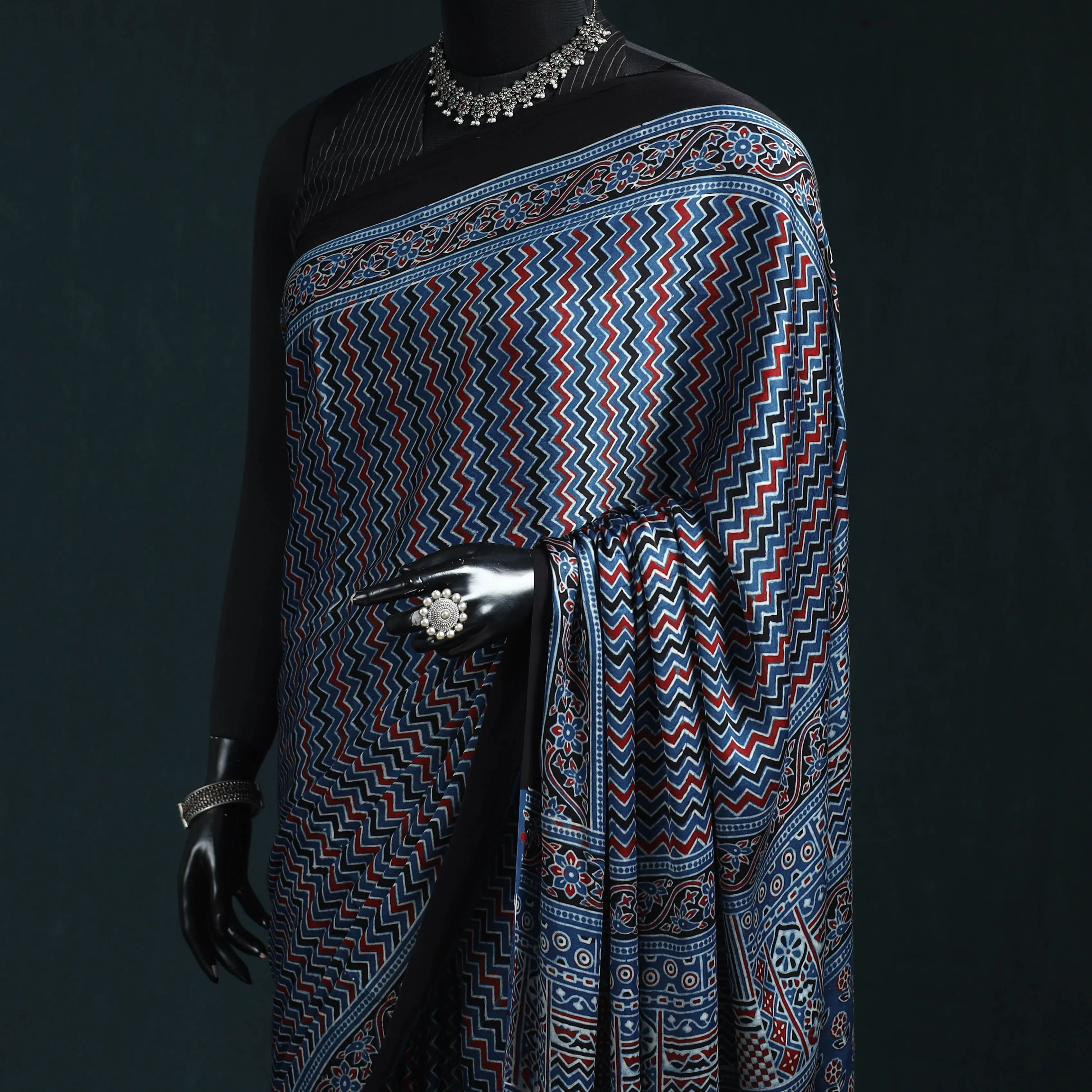 Blue - Natural Dyed Modal Silk Kutch Hand Block Print Ajrakh Saree 10 sold by Itokri product image thumbnail 2