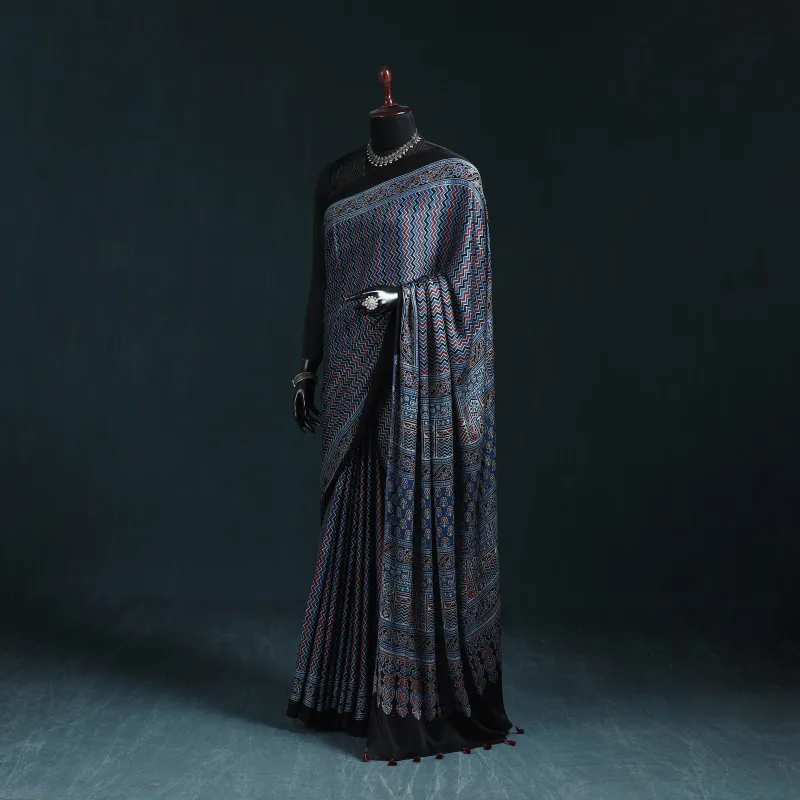 Natural Dyed Modal Silk Kutch Hand Block Print Ajrakh Saree 10 made by Itokri
