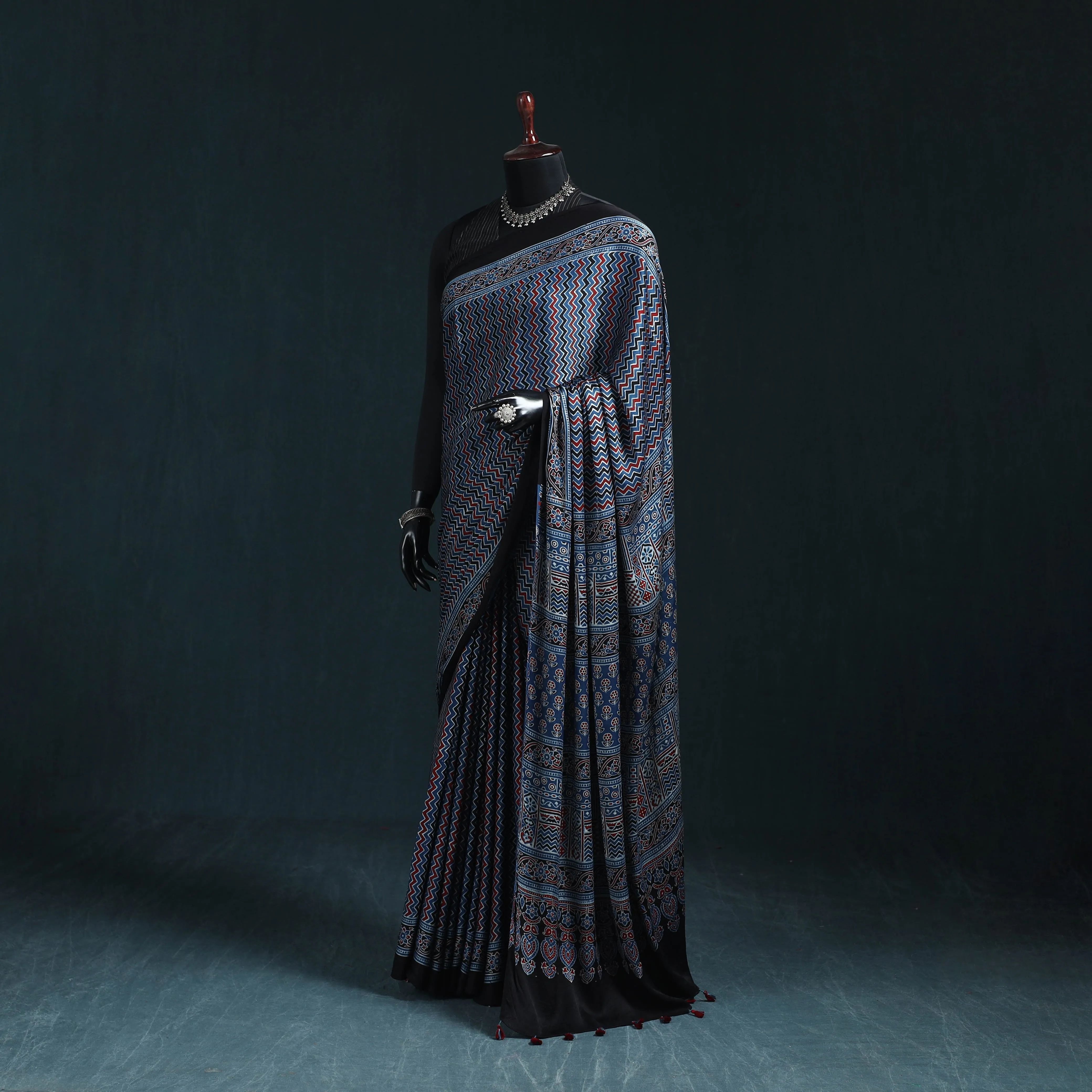 Blue - Natural Dyed Modal Silk Kutch Hand Block Print Ajrakh Saree 10 sold by Itokri