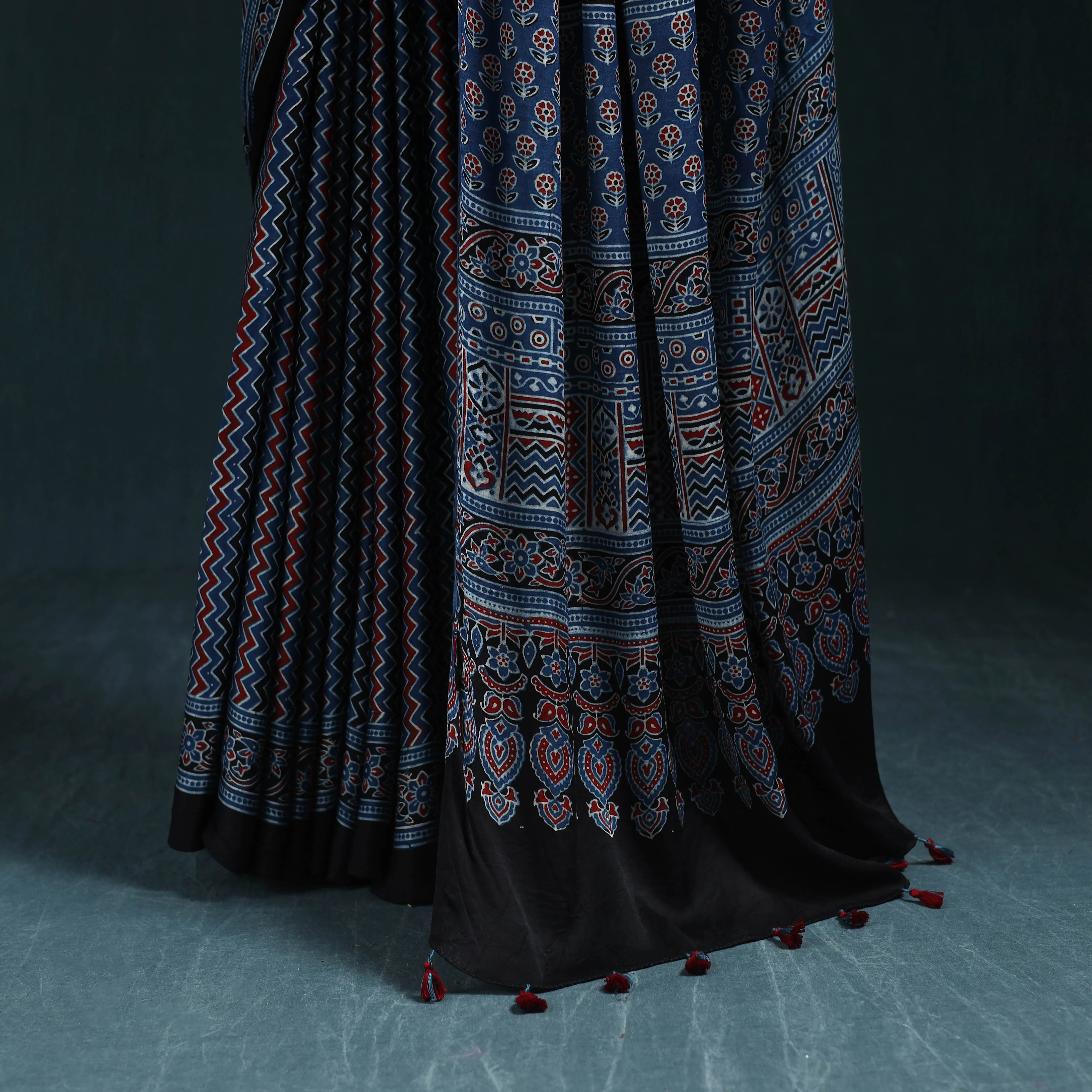 Blue - Natural Dyed Modal Silk Kutch Hand Block Print Ajrakh Saree 10 sold by Itokri product image thumbnail 4