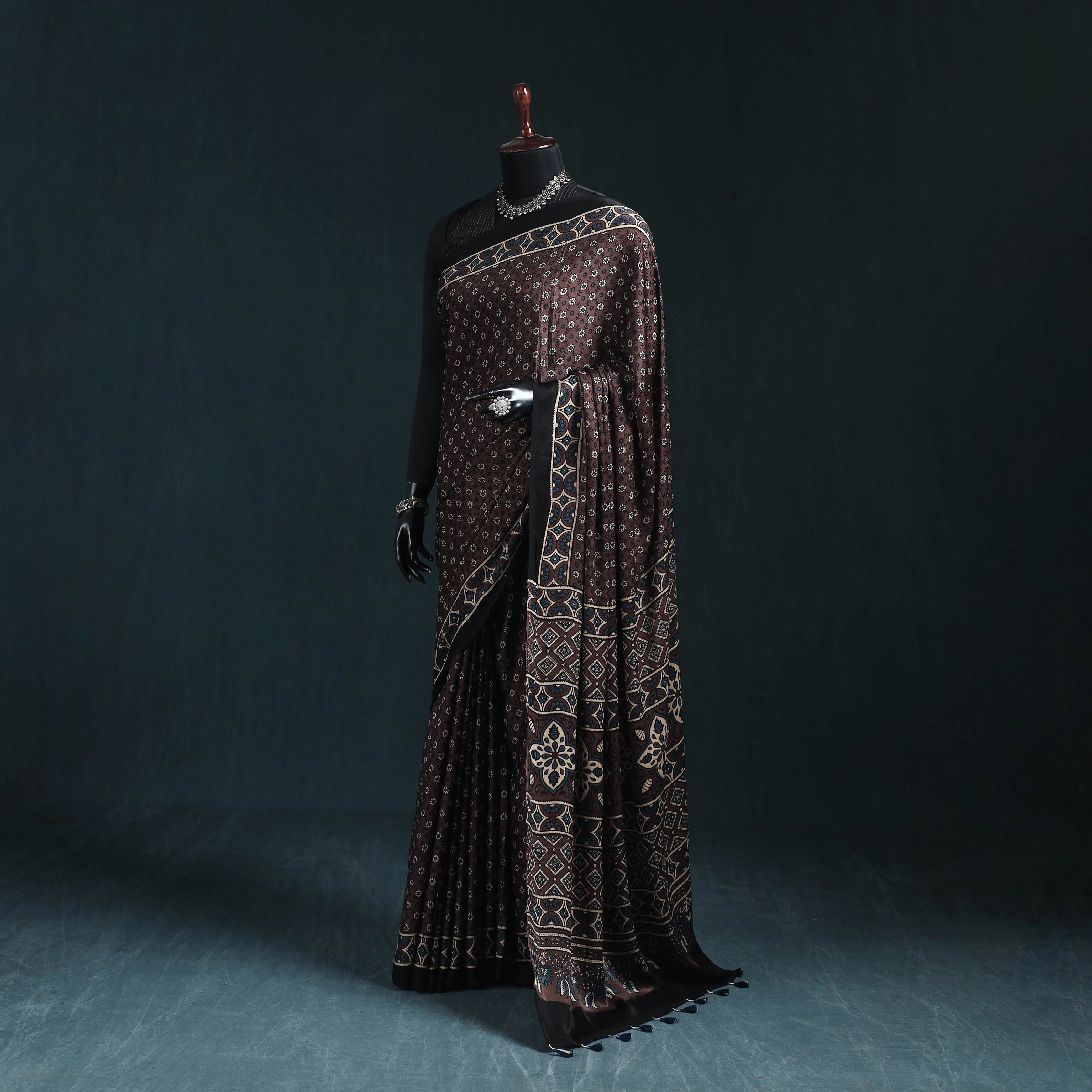 Brown - Natural Dyed Modal Silk Kutch Hand Block Print Ajrakh Saree 09 sold by Itokri