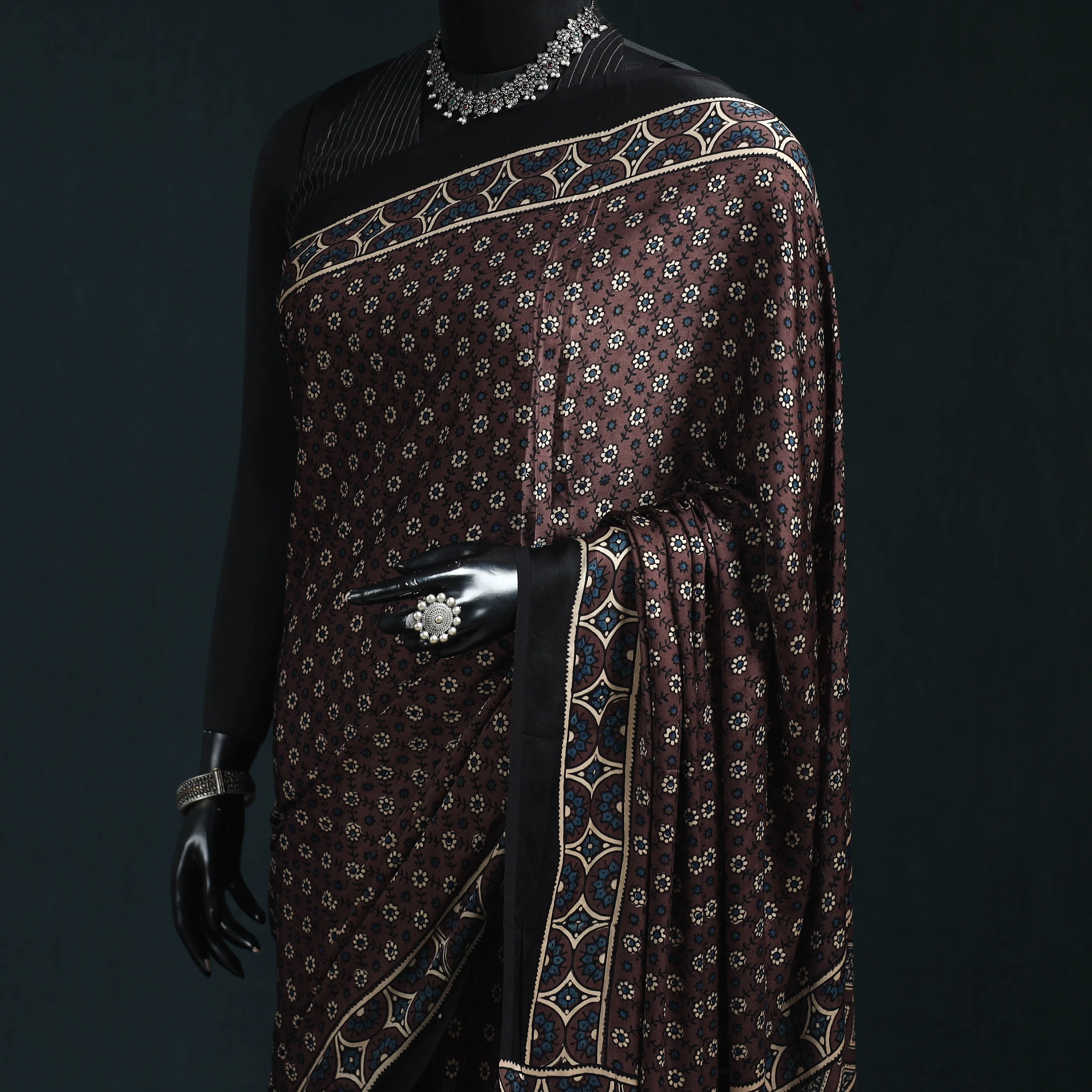 Brown - Natural Dyed Modal Silk Kutch Hand Block Print Ajrakh Saree 09 sold by Itokri product image thumbnail 2