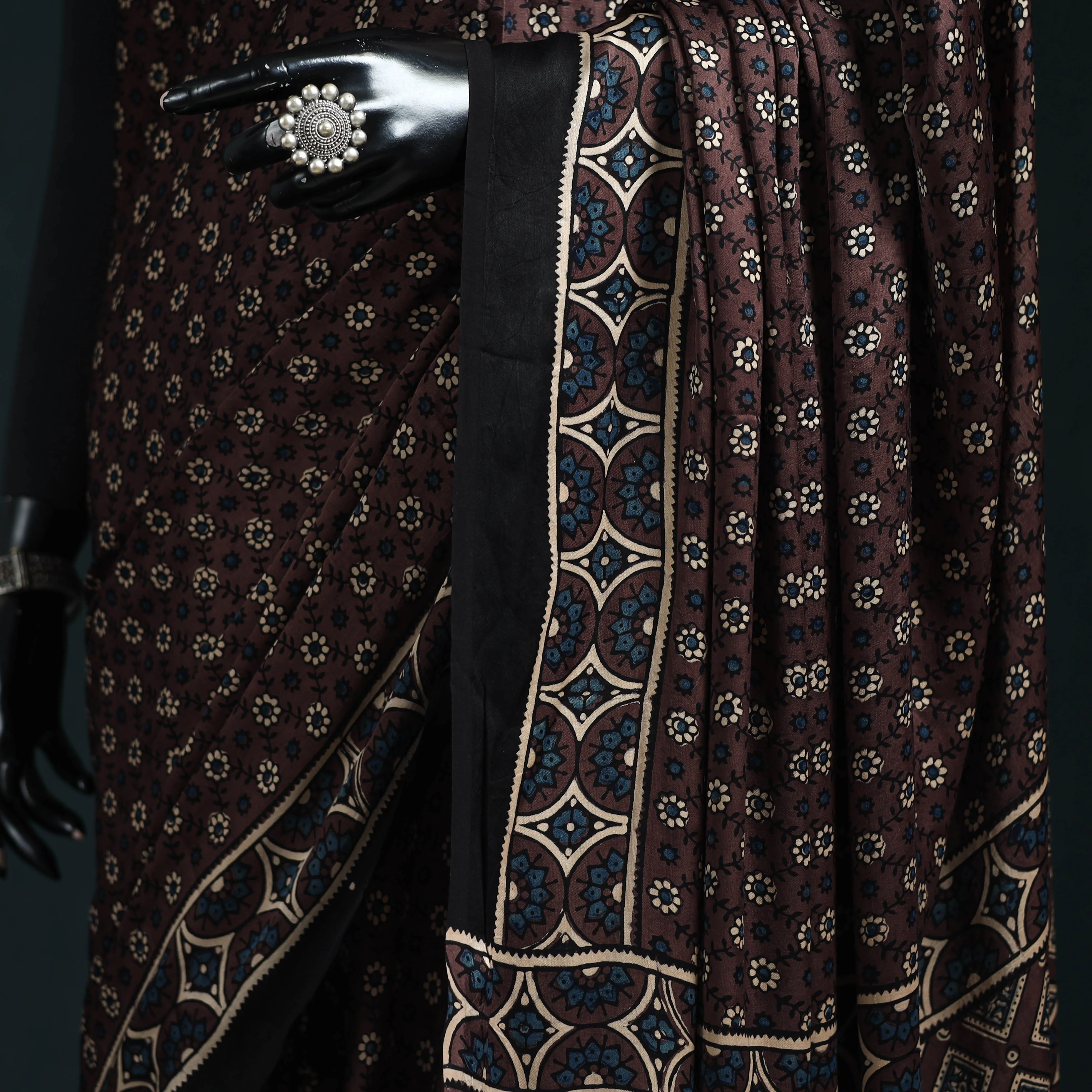 Brown - Natural Dyed Modal Silk Kutch Hand Block Print Ajrakh Saree 09 sold by Itokri product image thumbnail 3