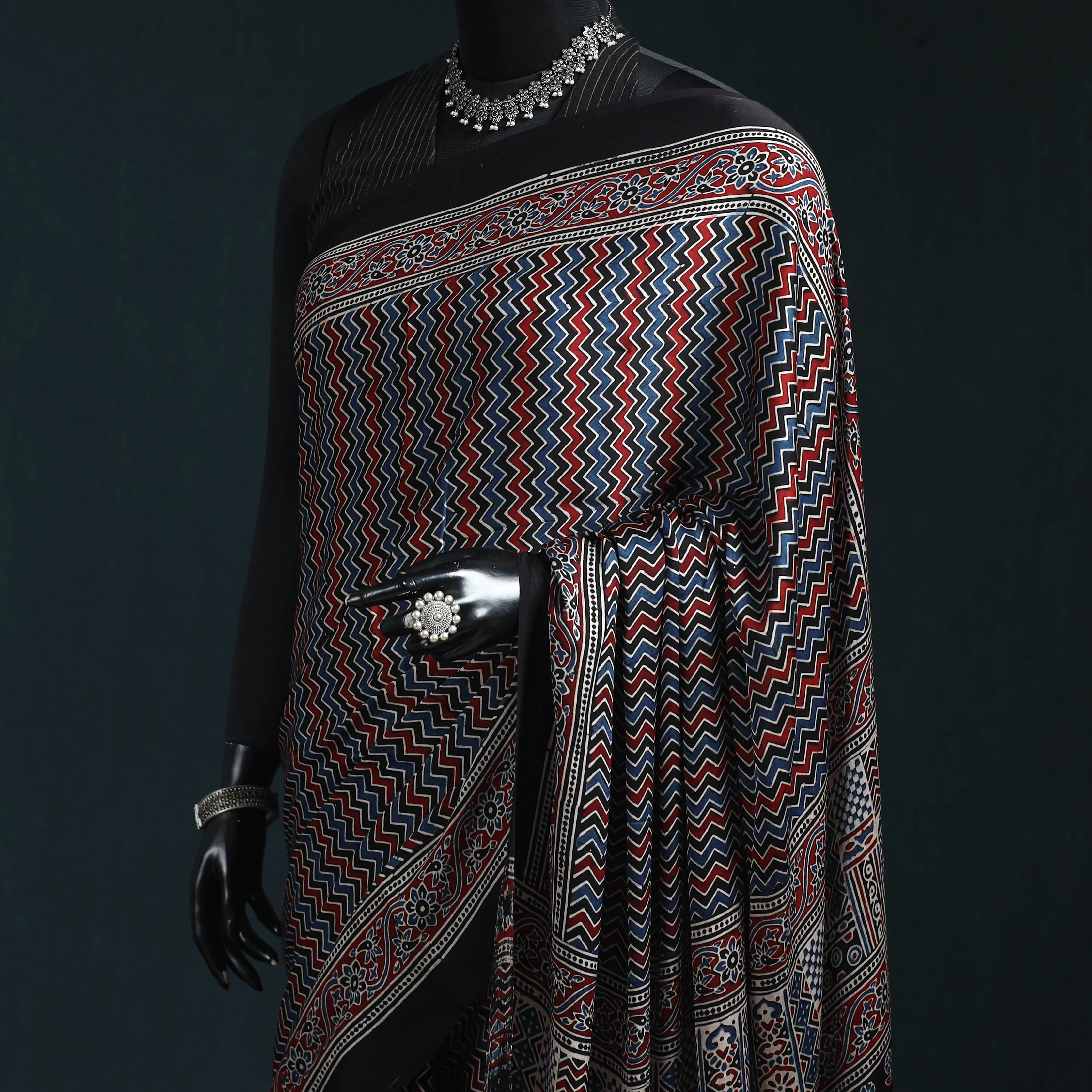 Multicolor - Natural Dyed Modal Silk Kutch Hand Block Print Ajrakh Saree 08 sold by Itokri product image thumbnail 2