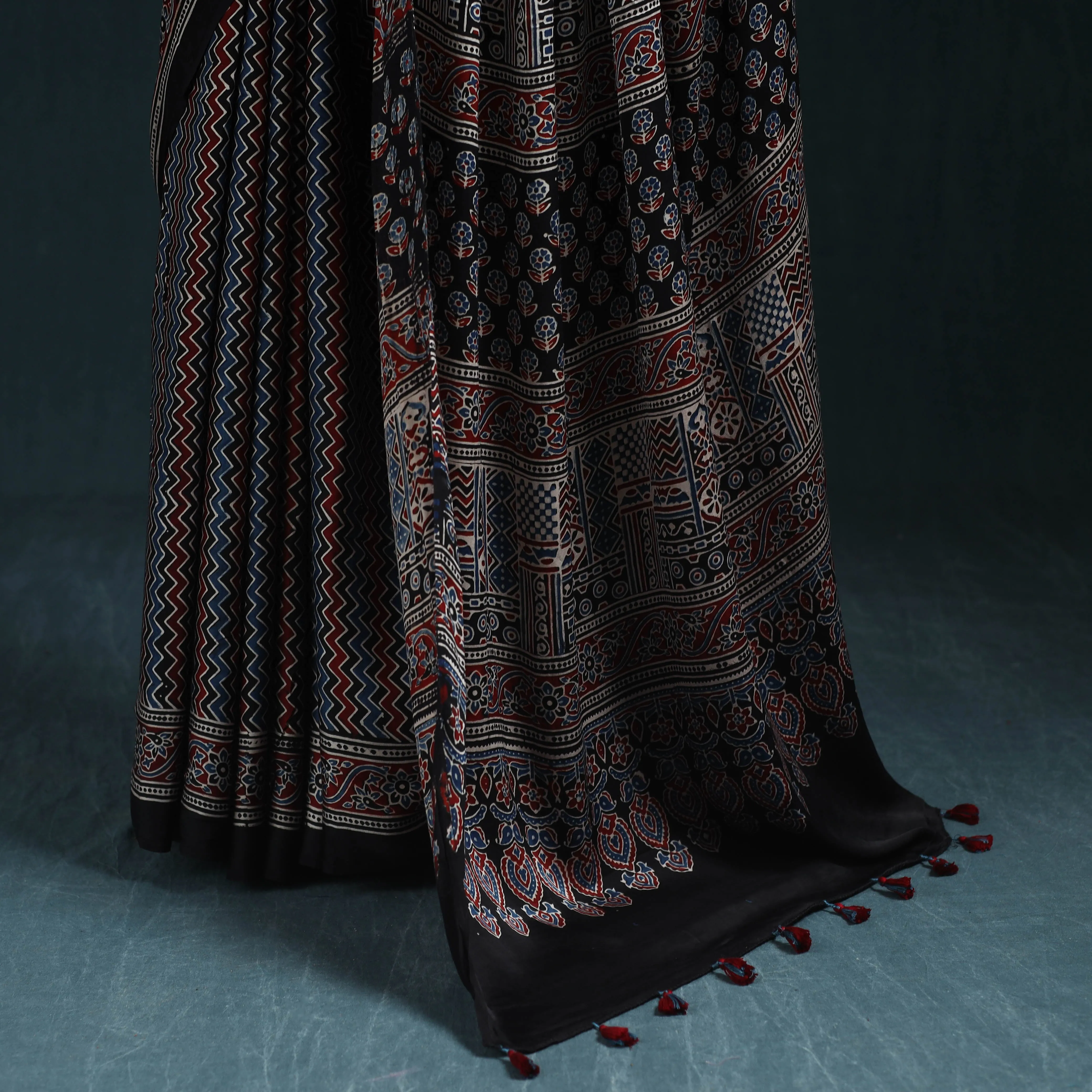 Multicolor - Natural Dyed Modal Silk Kutch Hand Block Print Ajrakh Saree 08 sold by Itokri product image thumbnail 4