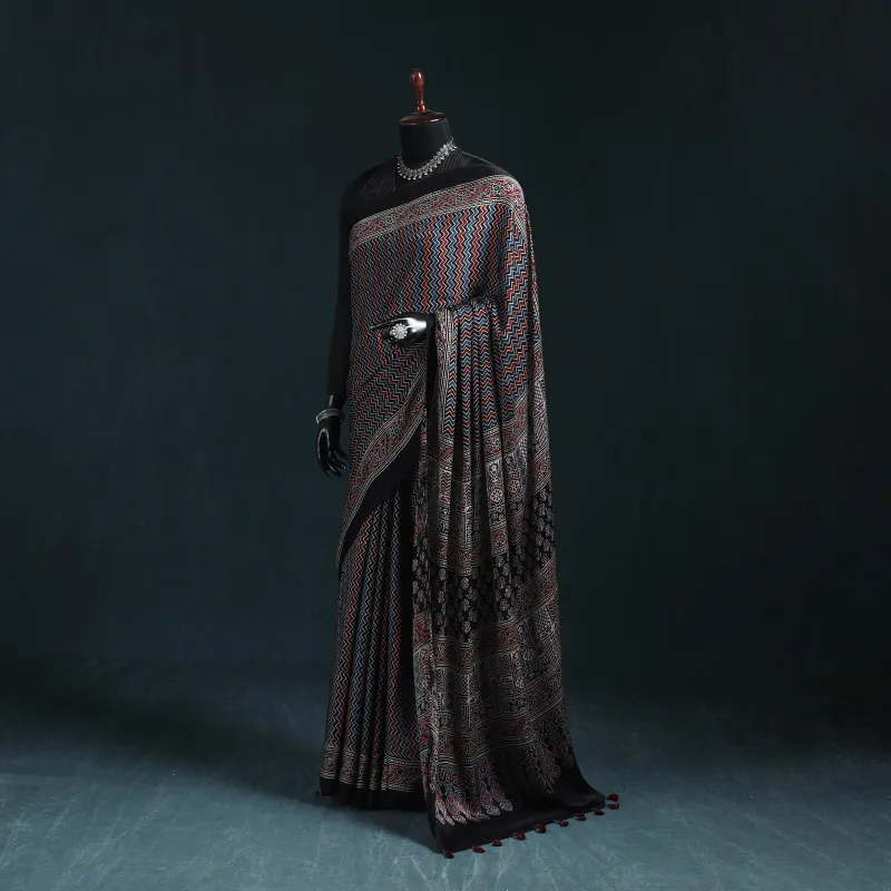 Multicolor - Natural Dyed Modal Silk Kutch Hand Block Print Ajrakh Saree 08 made by Itokri