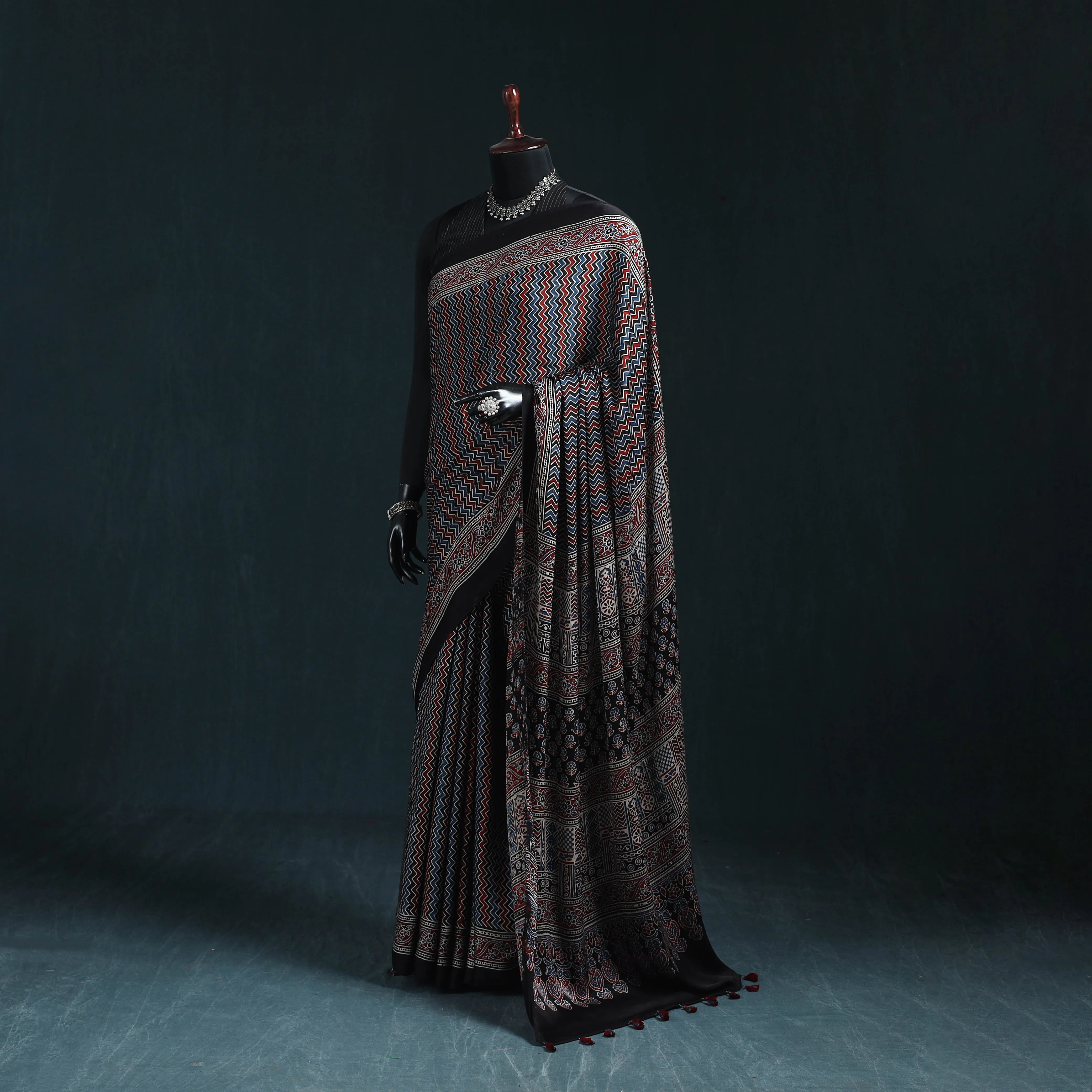 Multicolor - Natural Dyed Modal Silk Kutch Hand Block Print Ajrakh Saree 08 sold by Itokri