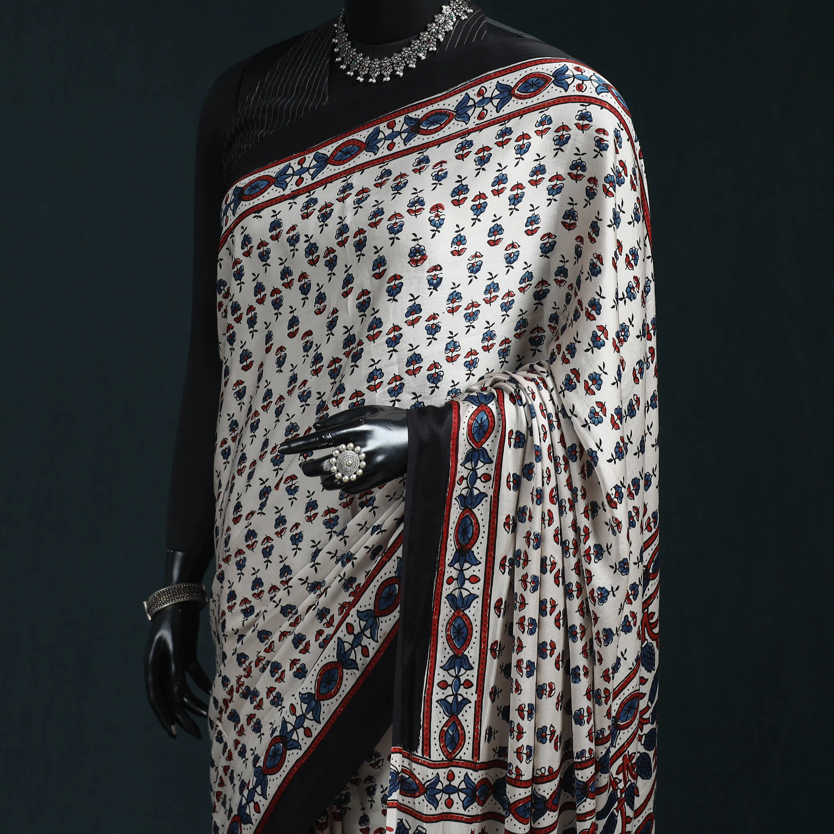 White - Natural Dyed Modal Silk Kutch Hand Block Print Ajrakh Saree 15 sold by Itokri product image thumbnail 2