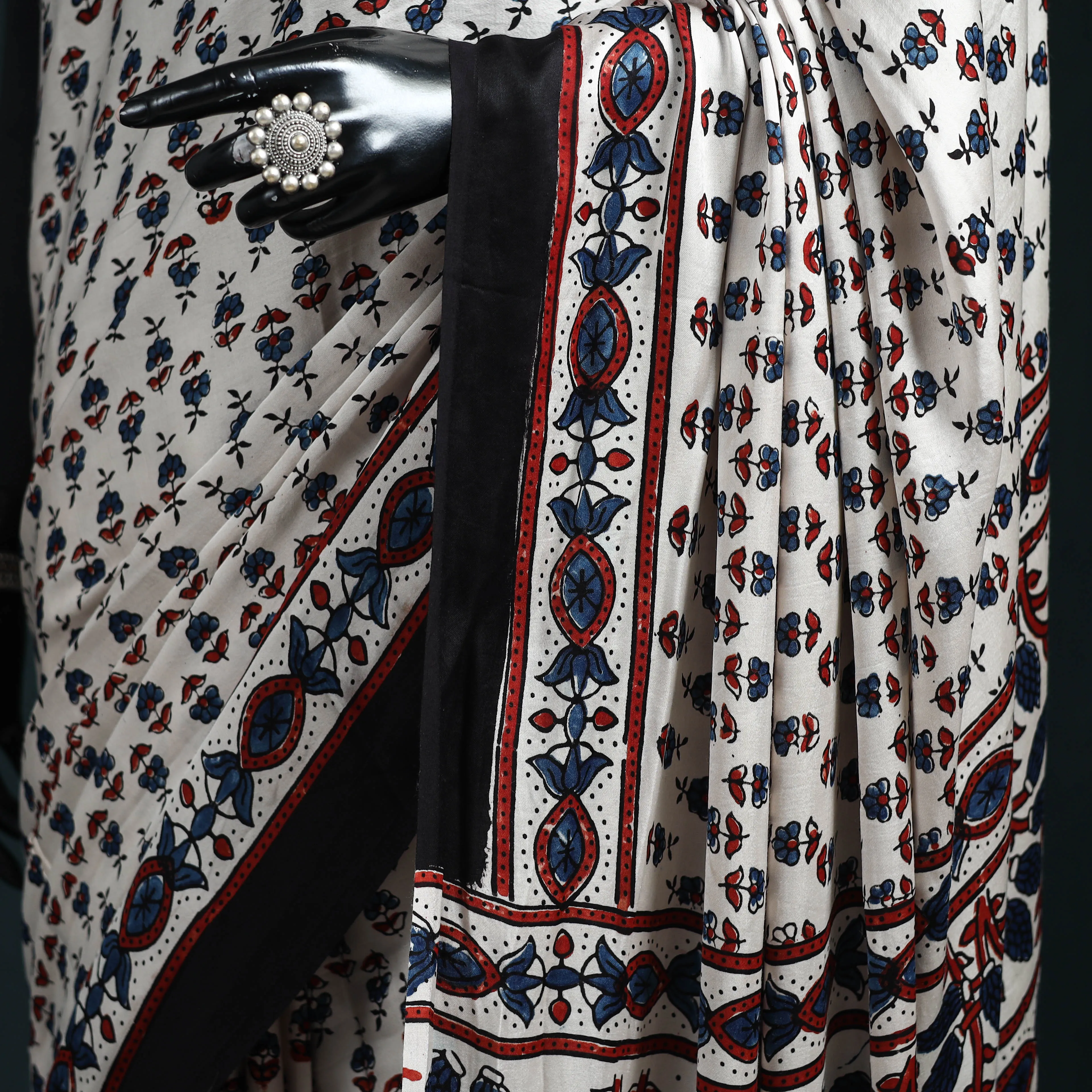 White - Natural Dyed Modal Silk Kutch Hand Block Print Ajrakh Saree 15 sold by Itokri product image thumbnail 3