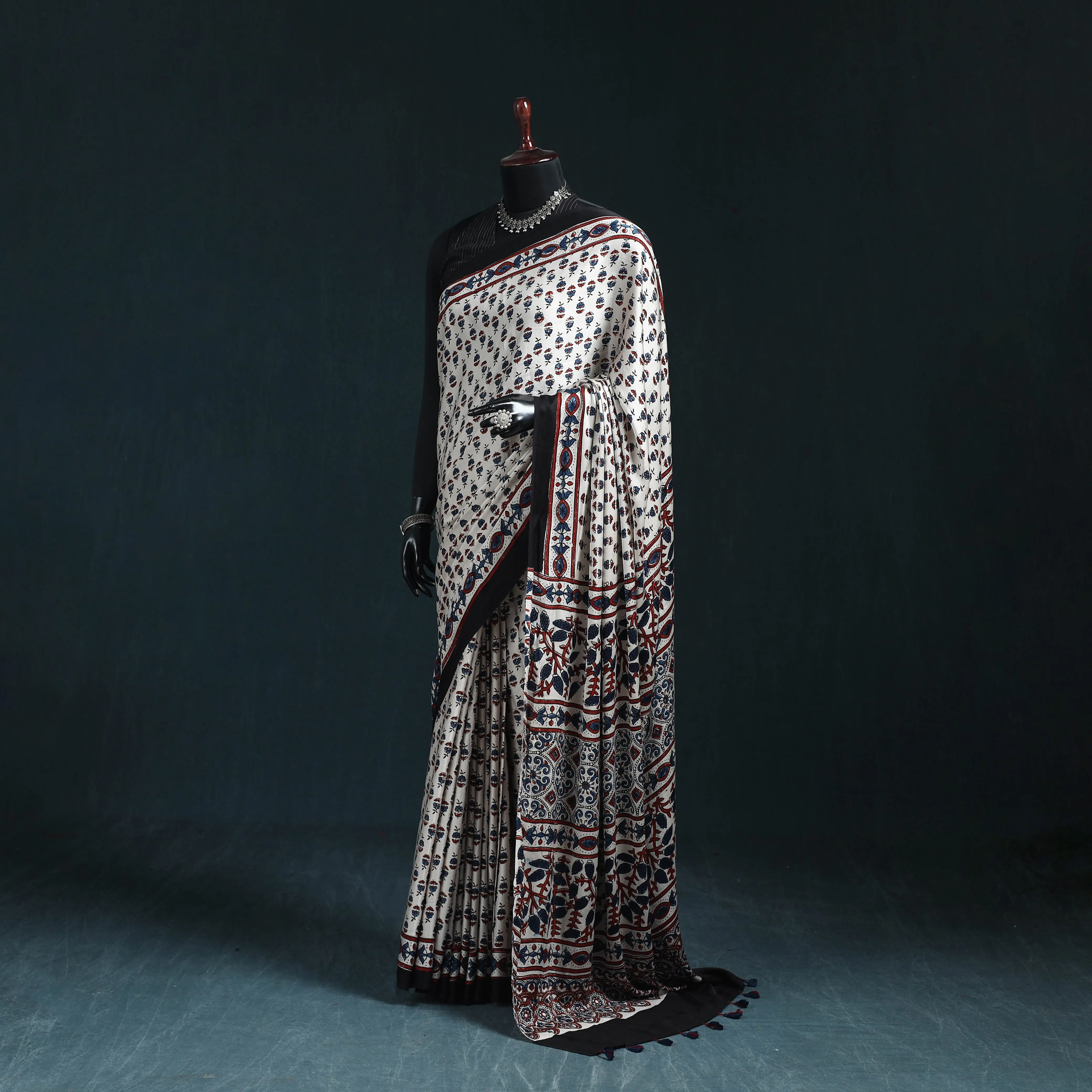 White - Natural Dyed Modal Silk Kutch Hand Block Print Ajrakh Saree 15 sold by Itokri