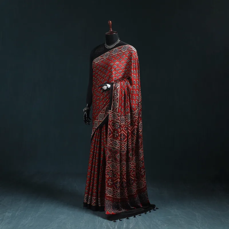 Natural Dyed Modal Silk Kutch Hand Block Print Ajrakh Saree 13 made by Itokri