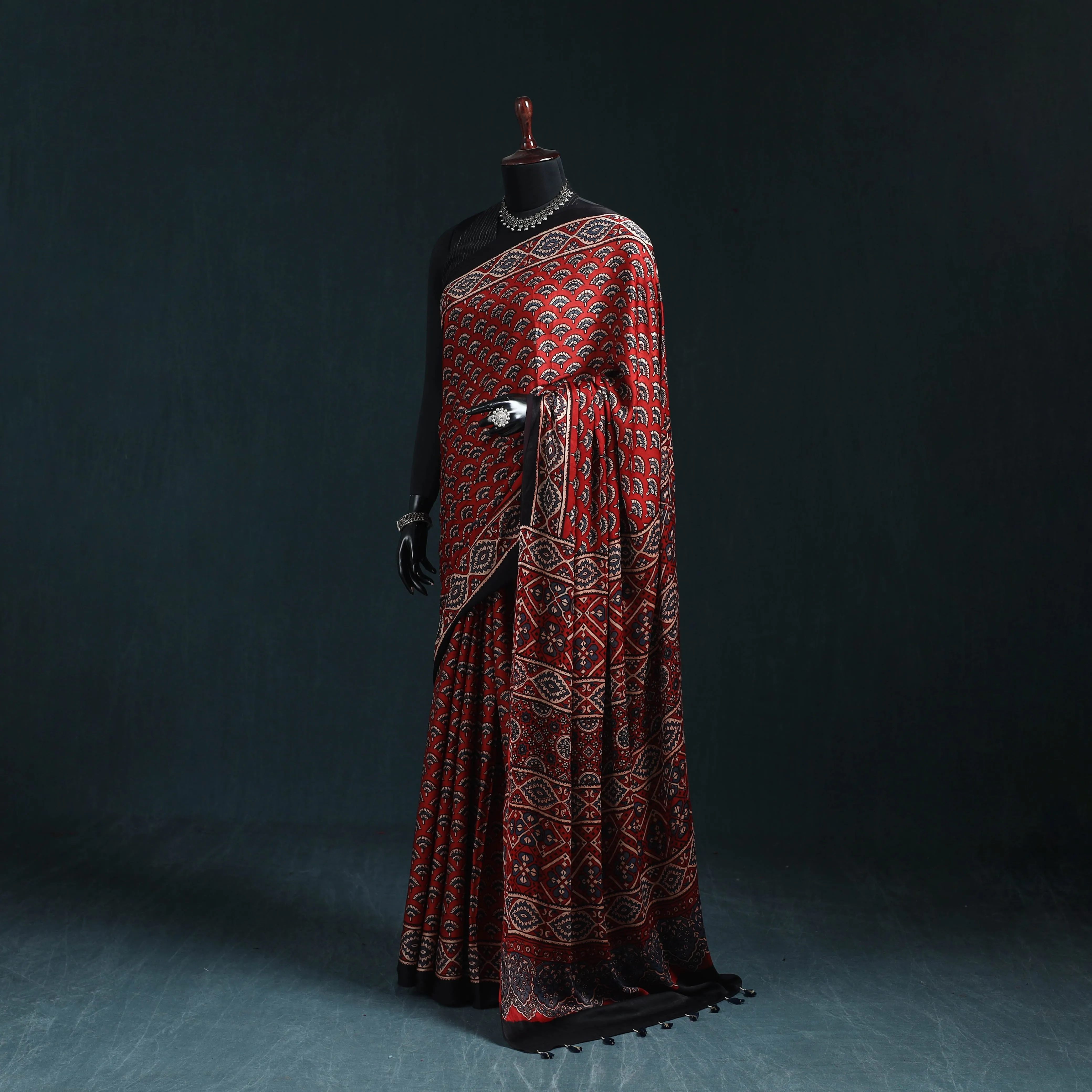 Natural Dyed Modal Silk Kutch Hand Block Print Ajrakh Saree 13 sold by Itokri