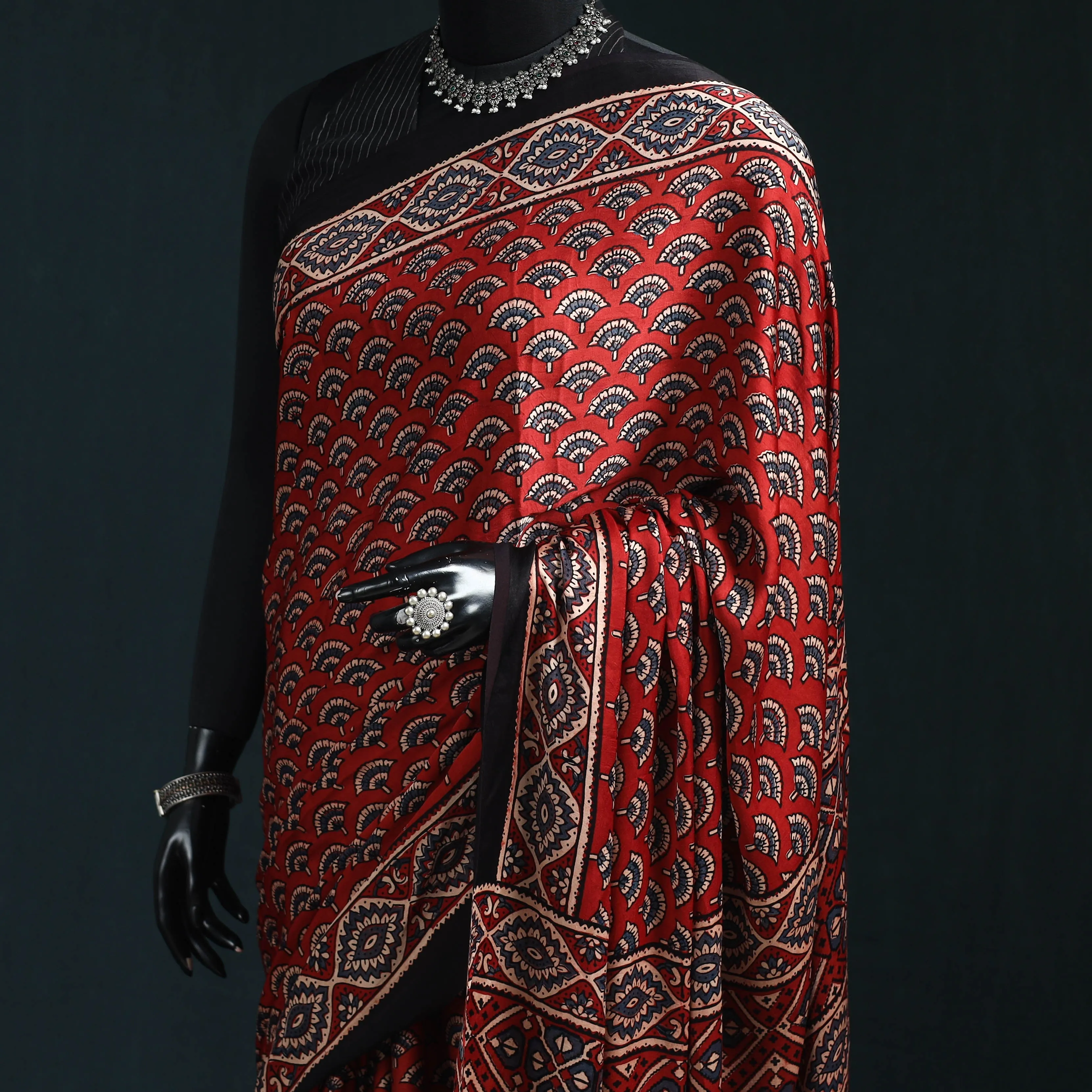 Natural Dyed Modal Silk Kutch Hand Block Print Ajrakh Saree 13 sold by Itokri product image thumbnail 2