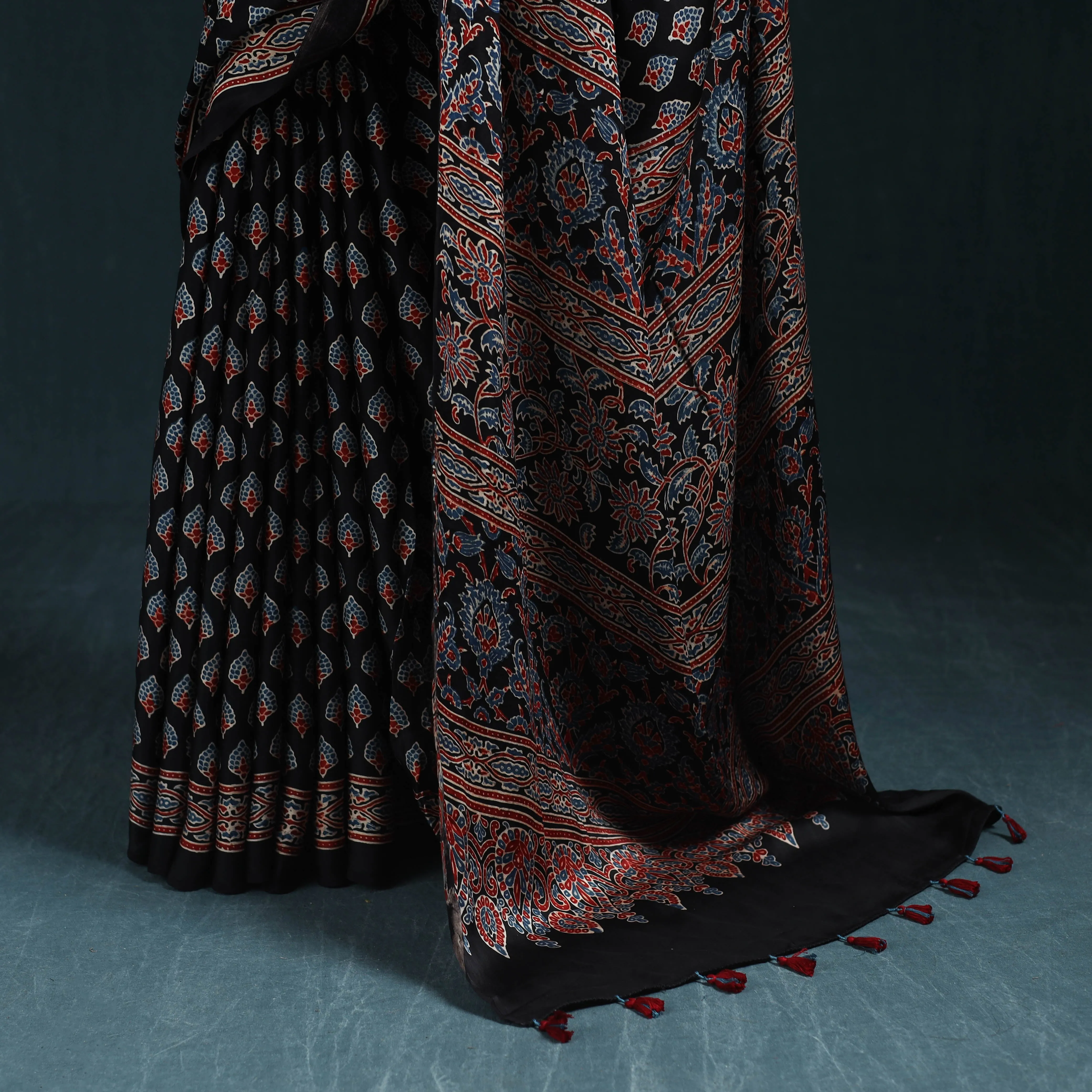 Black - Natural Dyed Modal Silk Kutch Hand Block Print Ajrakh Saree 12 sold by Itokri product image thumbnail 4