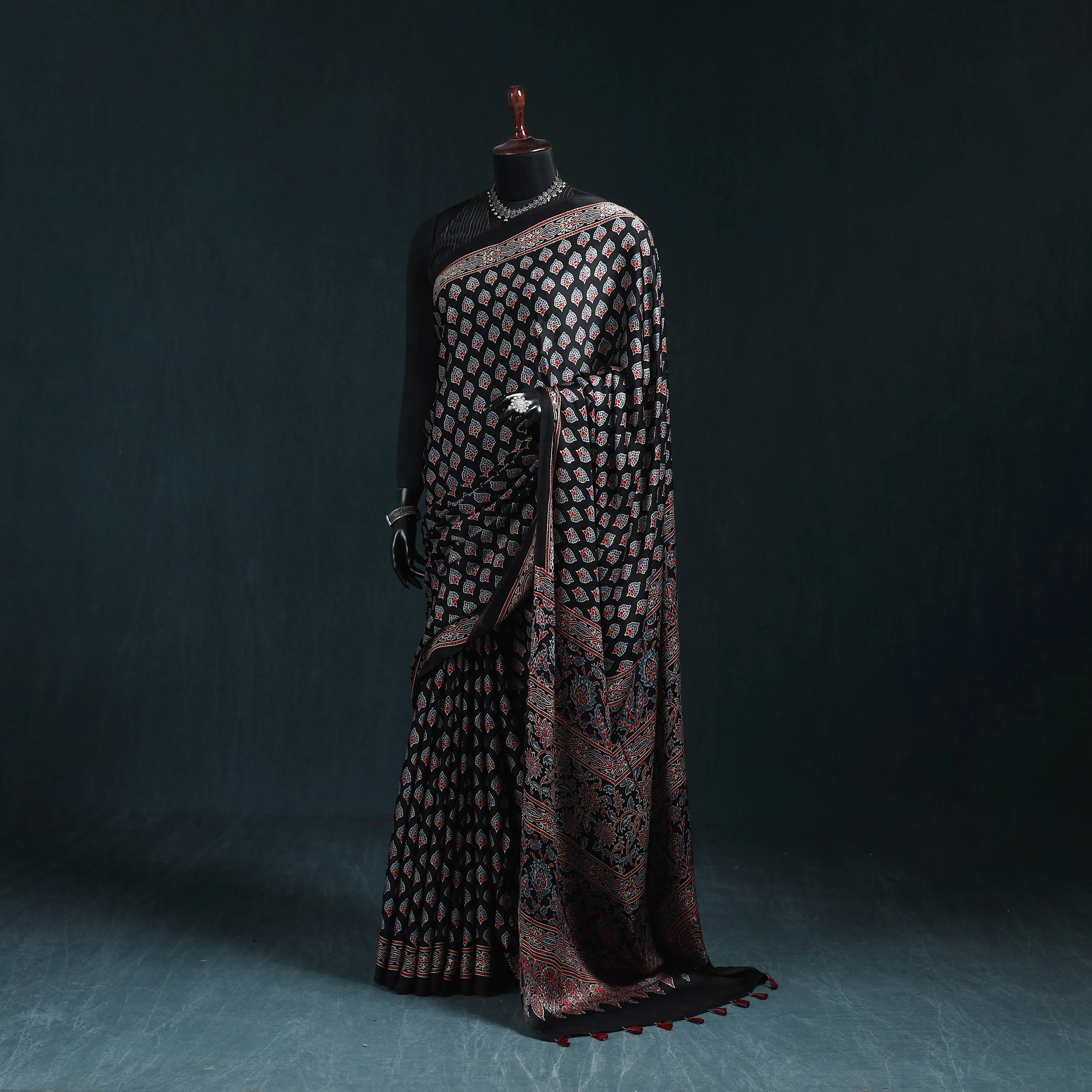 Black - Natural Dyed Modal Silk Kutch Hand Block Print Ajrakh Saree 12 sold by Itokri