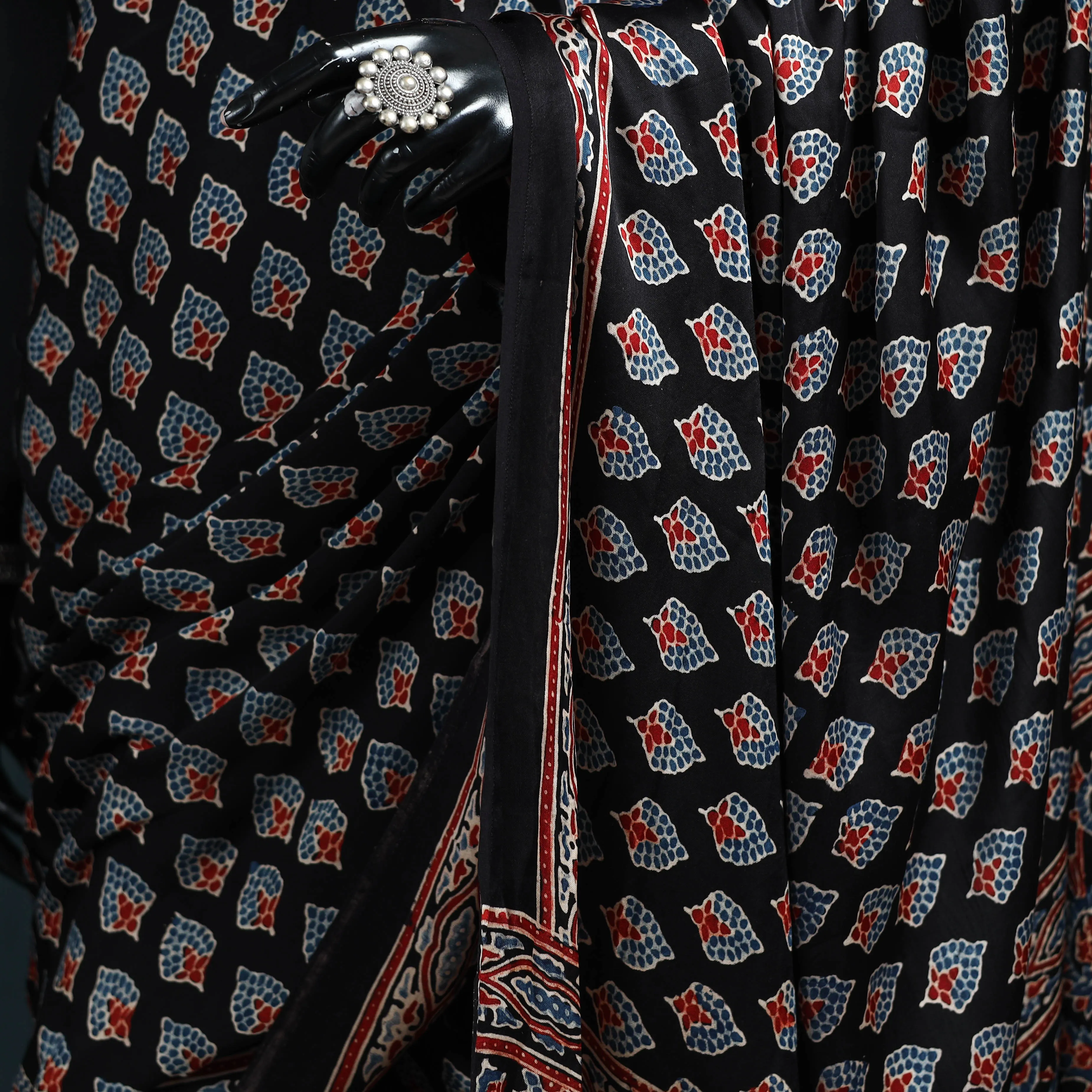 Black - Natural Dyed Modal Silk Kutch Hand Block Print Ajrakh Saree 12 sold by Itokri product image thumbnail 3